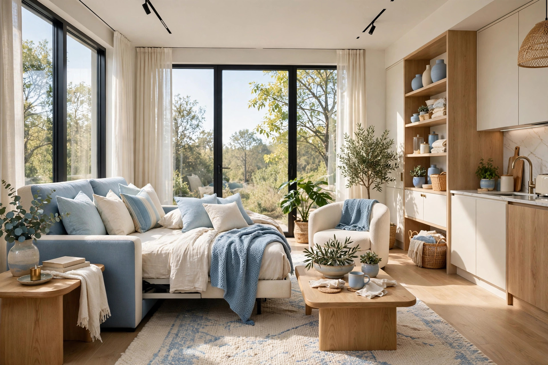 Bright studio living area with a modern sleeper sofa partly unfolded into a bed, wide wall-to-wall view