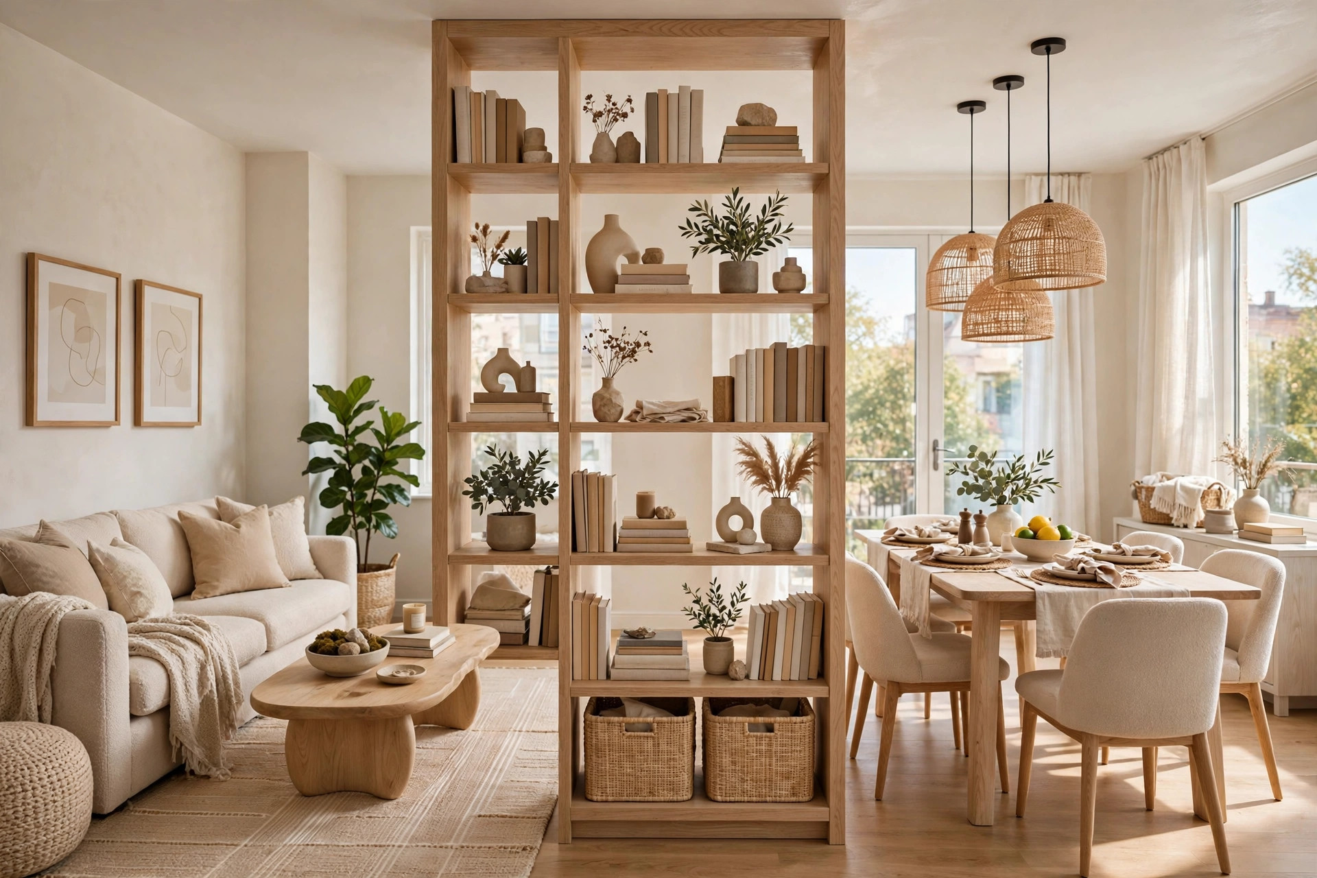 Modern studio apartment with an open-back bookshelf divider between bed and living zone