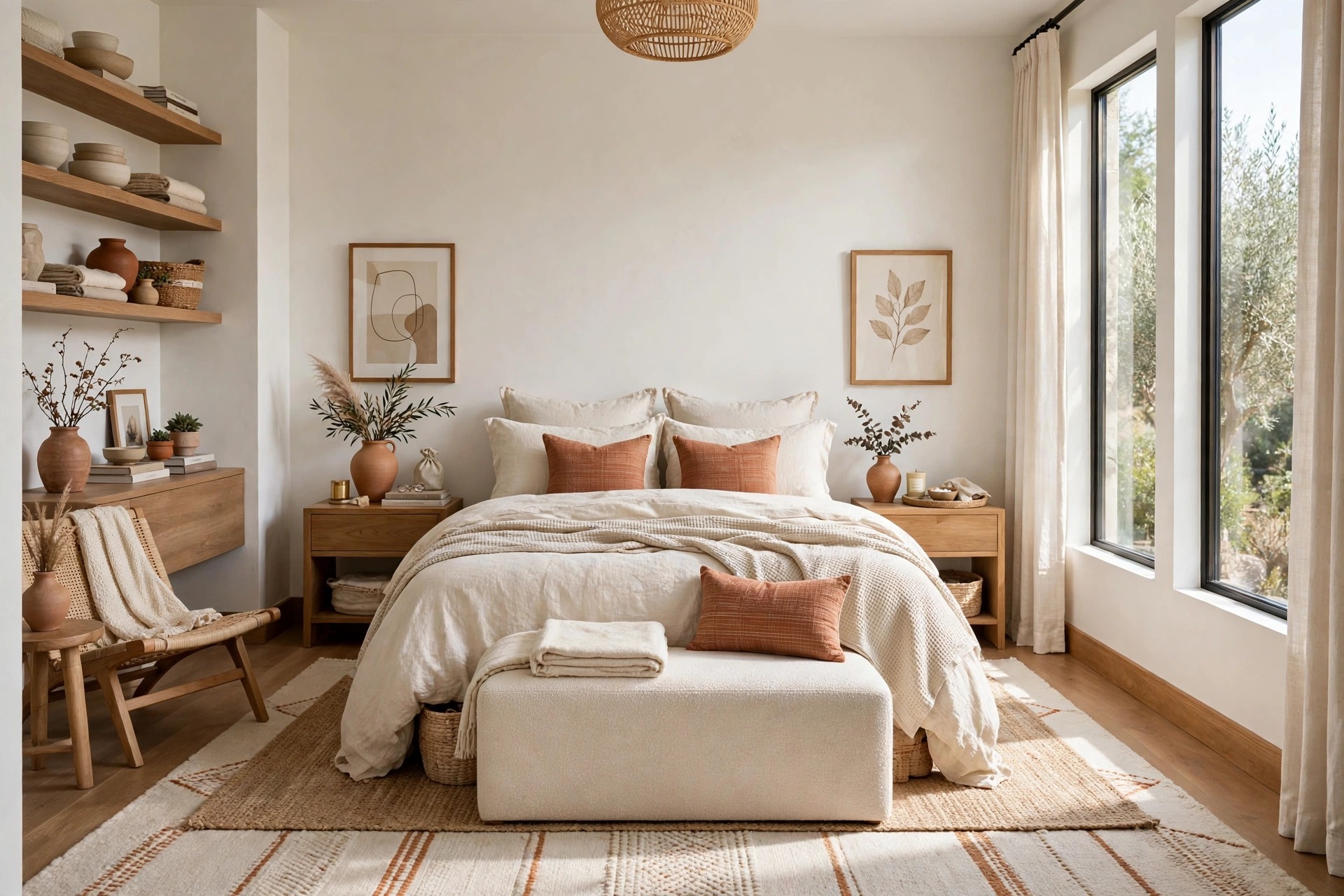 Bedroom demonstrating 60-30-10 color rule, warm white walls, oatmeal bedding, small terracotta accents, entire room visible