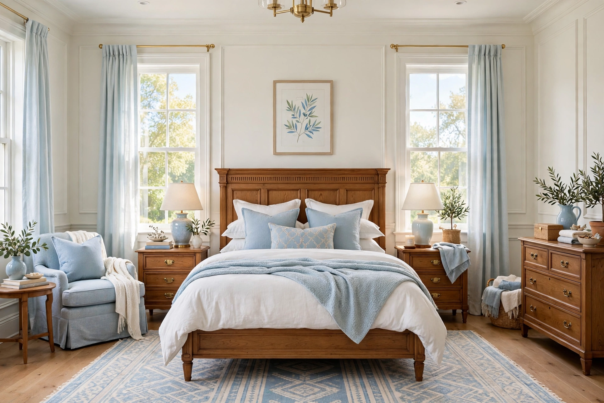Bright classic bedroom with a traditional wooden bed frame, tall headboard, and layered white bedding