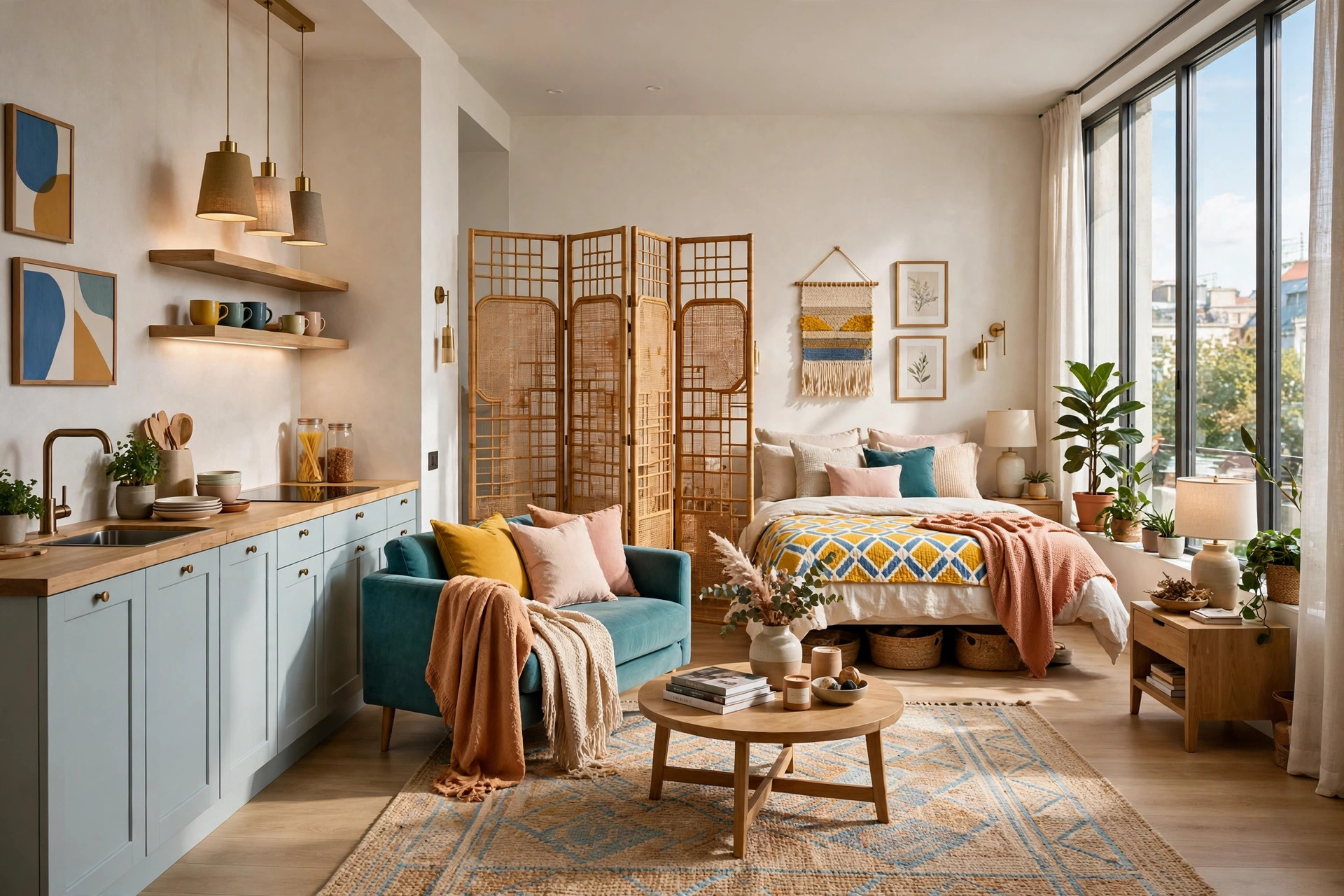 Studio apartment sleeping area separated by a woven rattan folding screen, bright and airy