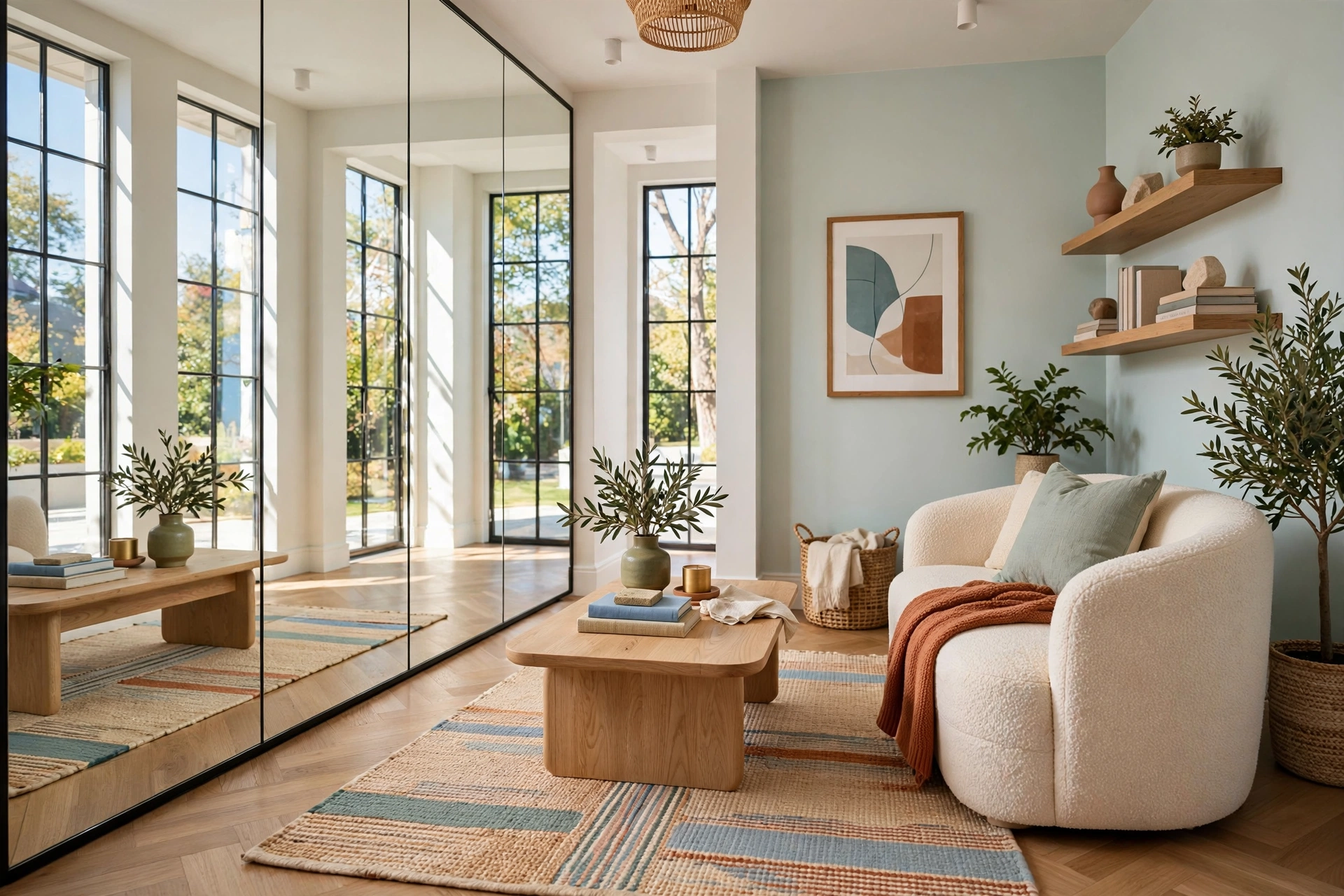 Small bright living room with a floor-to-ceiling mirror wall reflecting tall windows and doubling the perceived depth