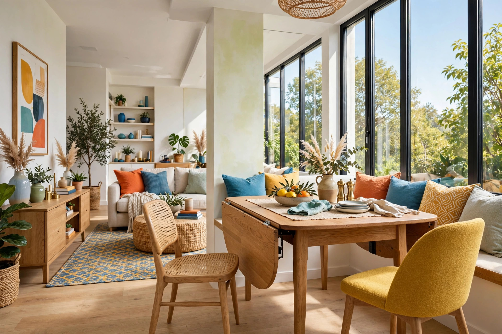 Bright dining nook with a wooden drop-leaf table folded half open beside a window, whole room visible