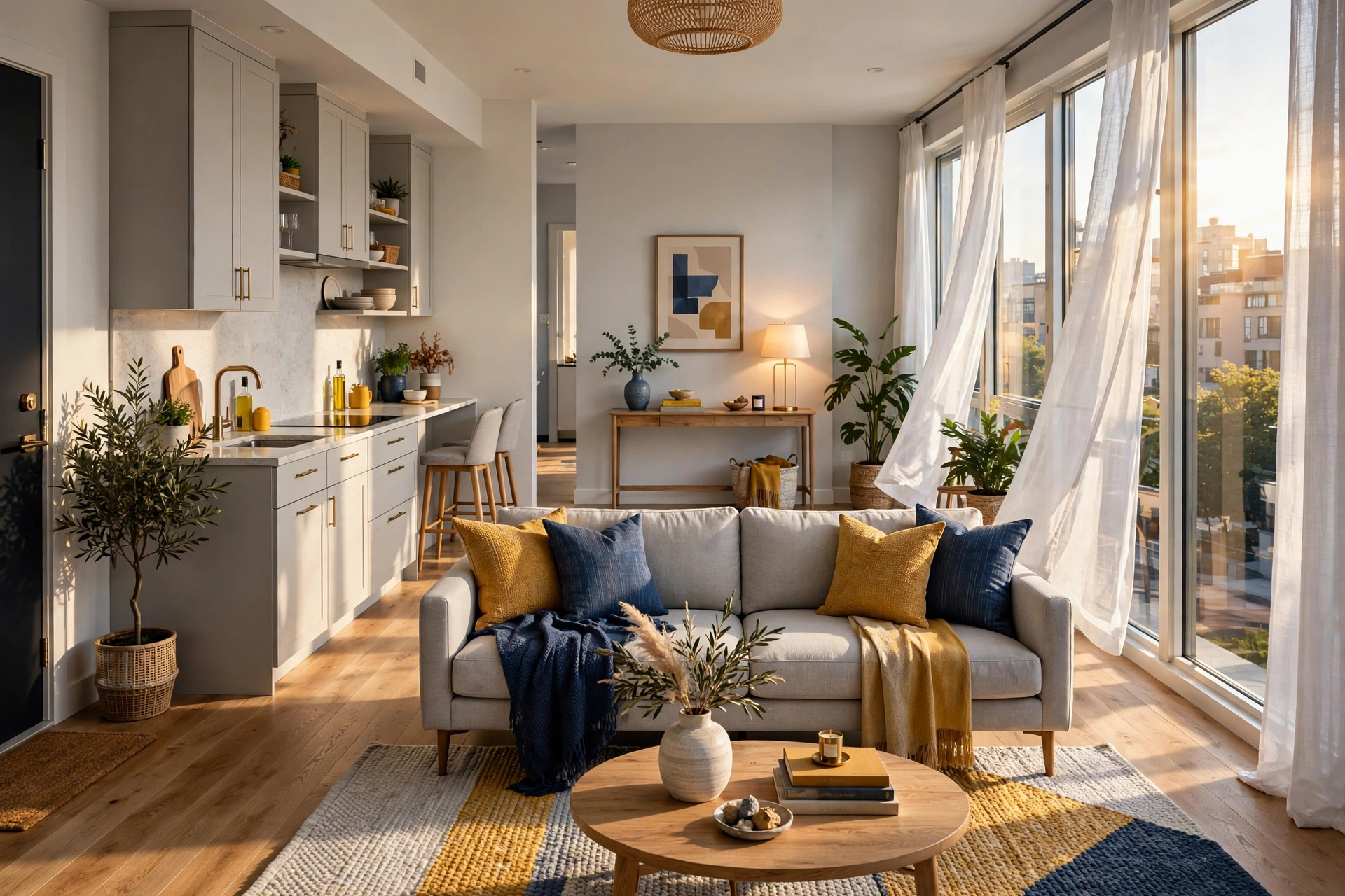 Studio apartment with sofa floated away from the wall forming a defined living room in the middle of the space, clear walkway behind it, bright airy interior, whole room visible