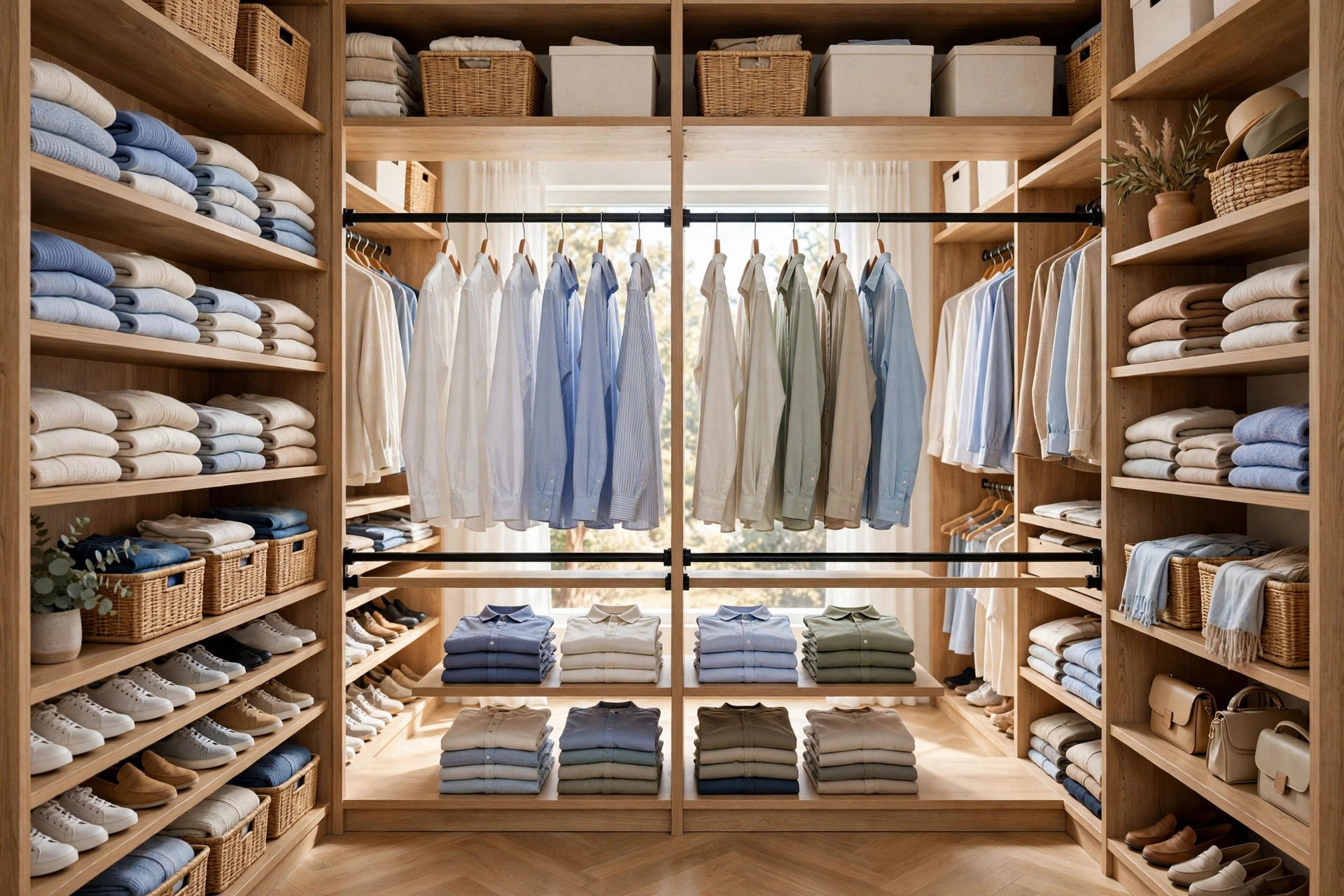 Bright walk-in closet interior with a tension rod creating a second hanging tier of shirts, wide wall-to-wall view