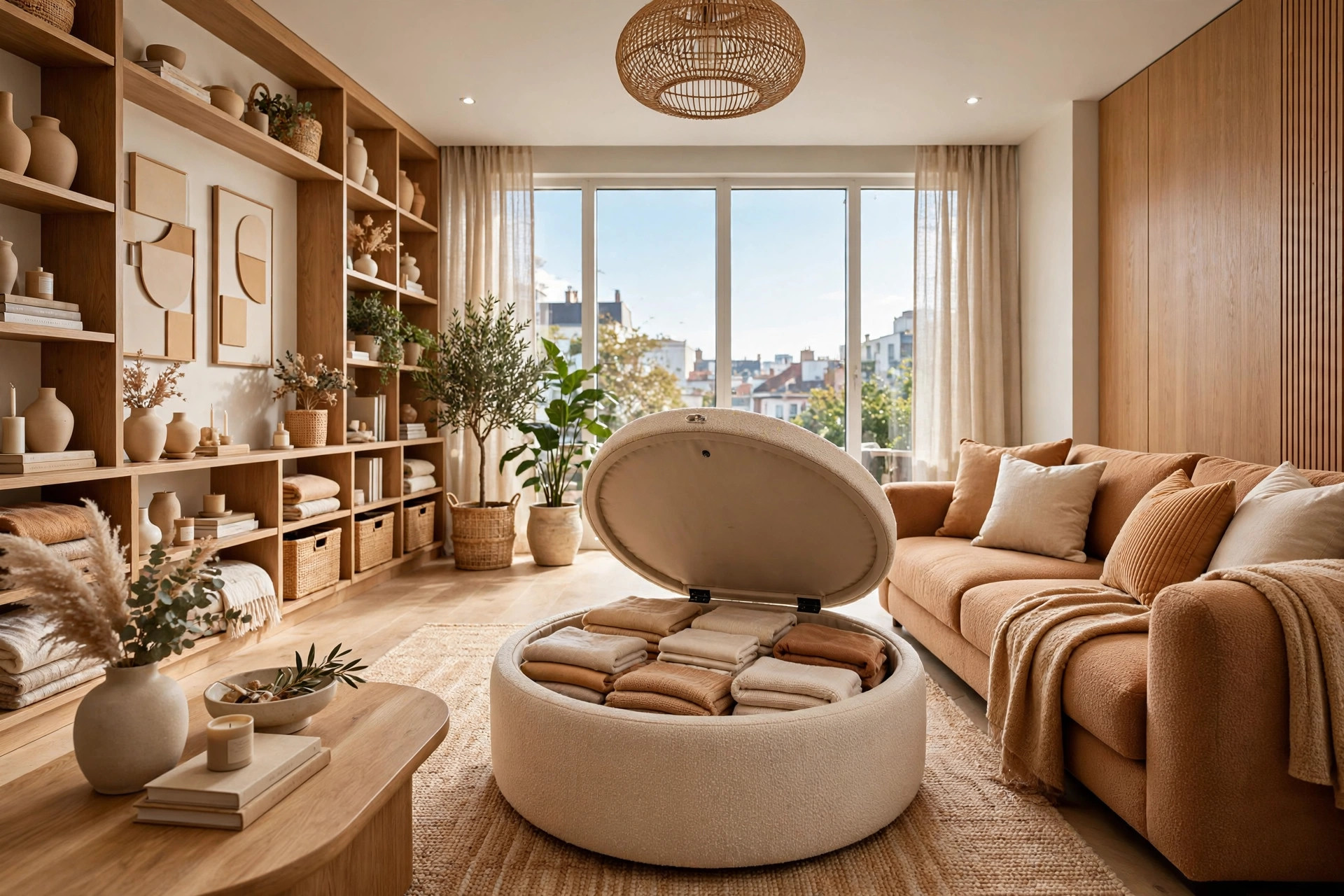 Bright studio living room with a large storage ottoman, lid open showing folded blankets inside, wide wall-to-wall view