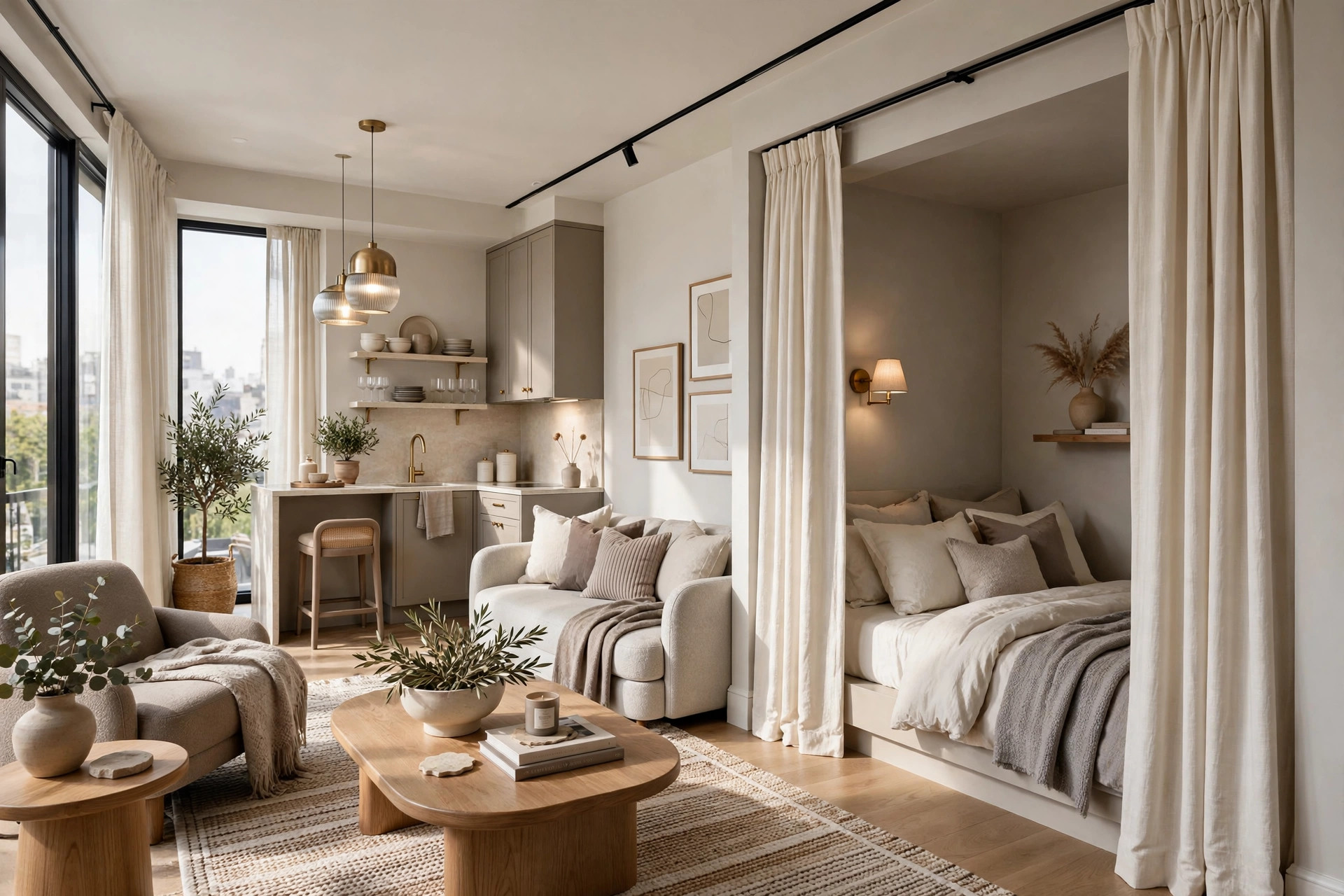 Small apartment bedroom nook enclosed by floor-length curtains on a ceiling track