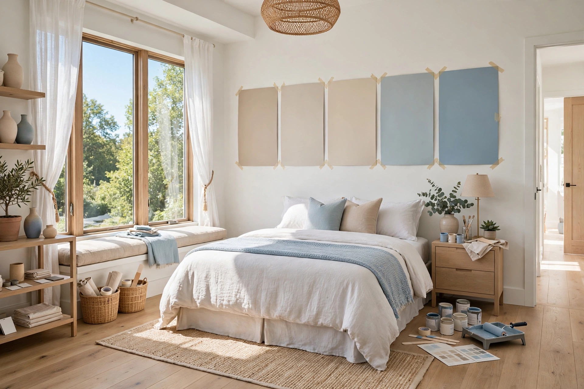 Bedroom wall with large painted color sample boards taped up, bright daylight, whole room visible, interior photography