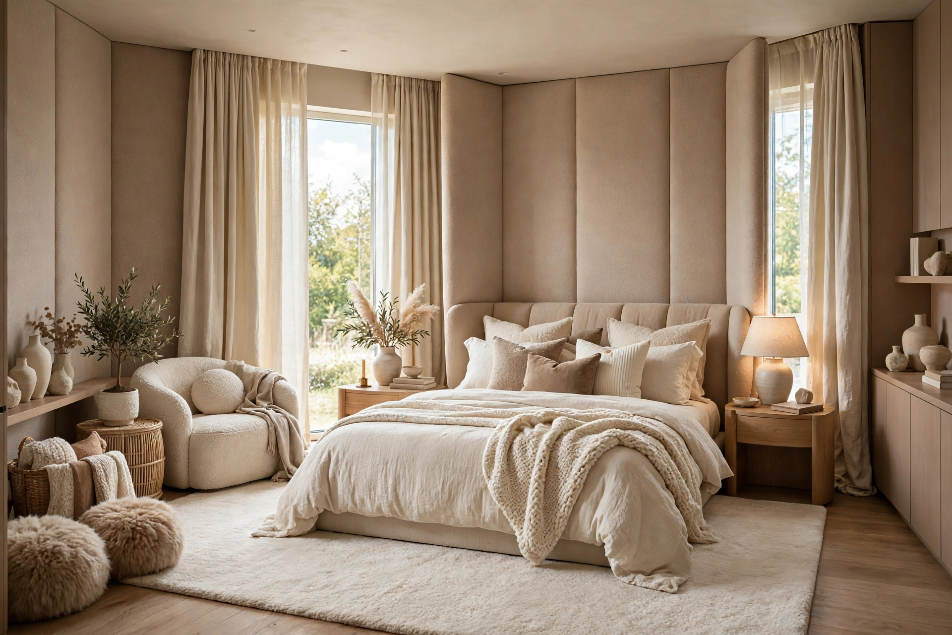 Quiet bedroom with a tall upholstered headboard, thick cream area rug and heavy lined curtains softening the space