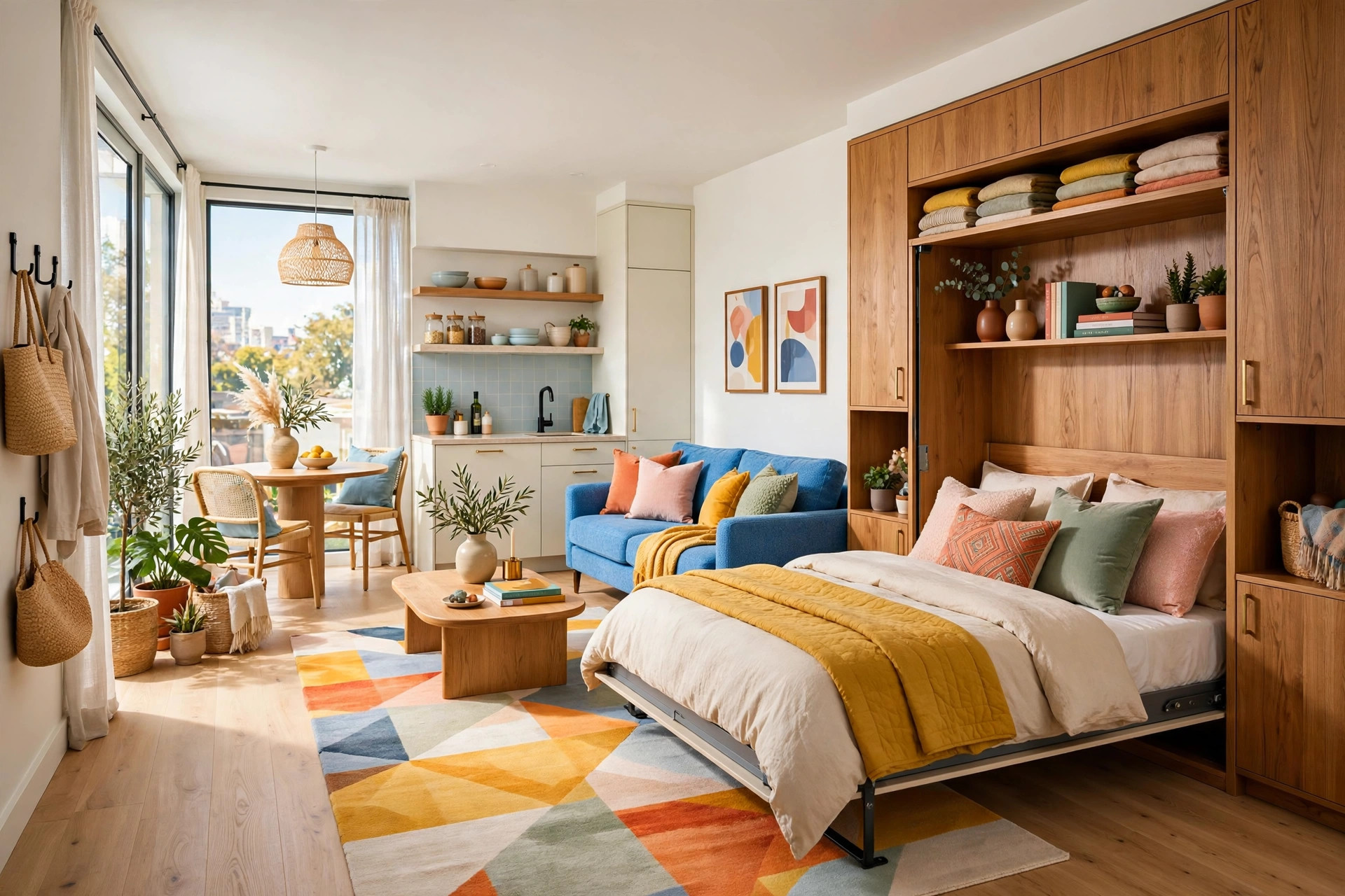 Modern studio apartment with closed Murphy bed cabinet styled as a built-in wall unit with shelves