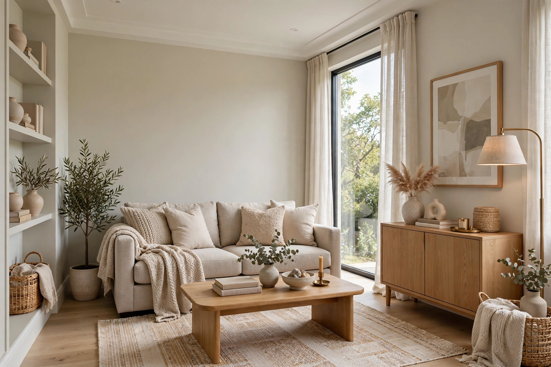 Small living room with a greige sofa camouflaged against matching pale walls so the furniture visually recedes