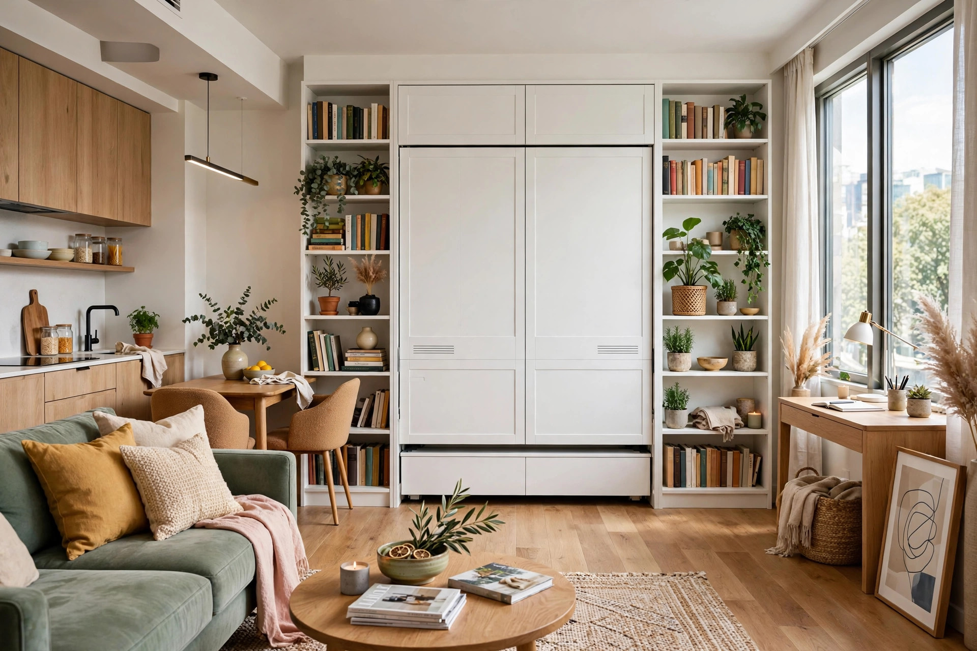 Modern studio apartment with a closed Murphy bed styled as a white wall cabinet with side shelves, whole room visible
