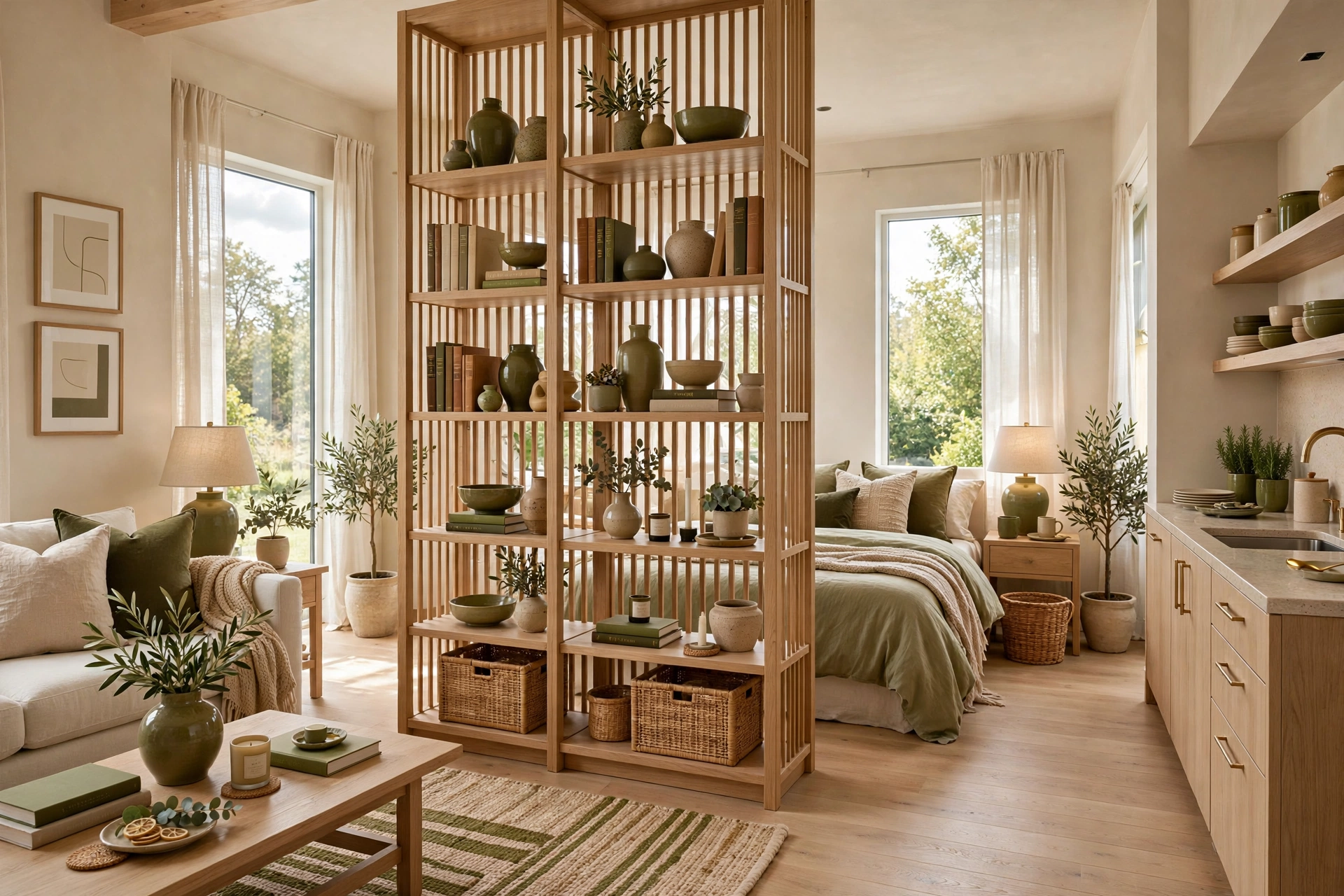 Open-back wooden bookcase standing perpendicular between living and sleeping zones of a bright studio apartment, styled shelves visible from both sides, full room view