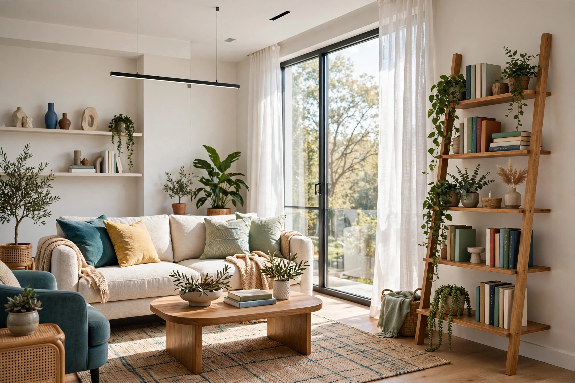 Bright living room corner with a leaning ladder shelf styled with books and plants, wide wall-to-wall view