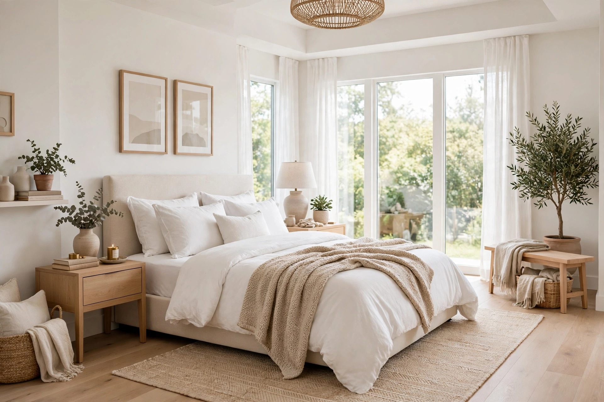 Warm white bedroom with cream walls, white bedding, beige textiles, bright and airy, entire room visible wall to wall