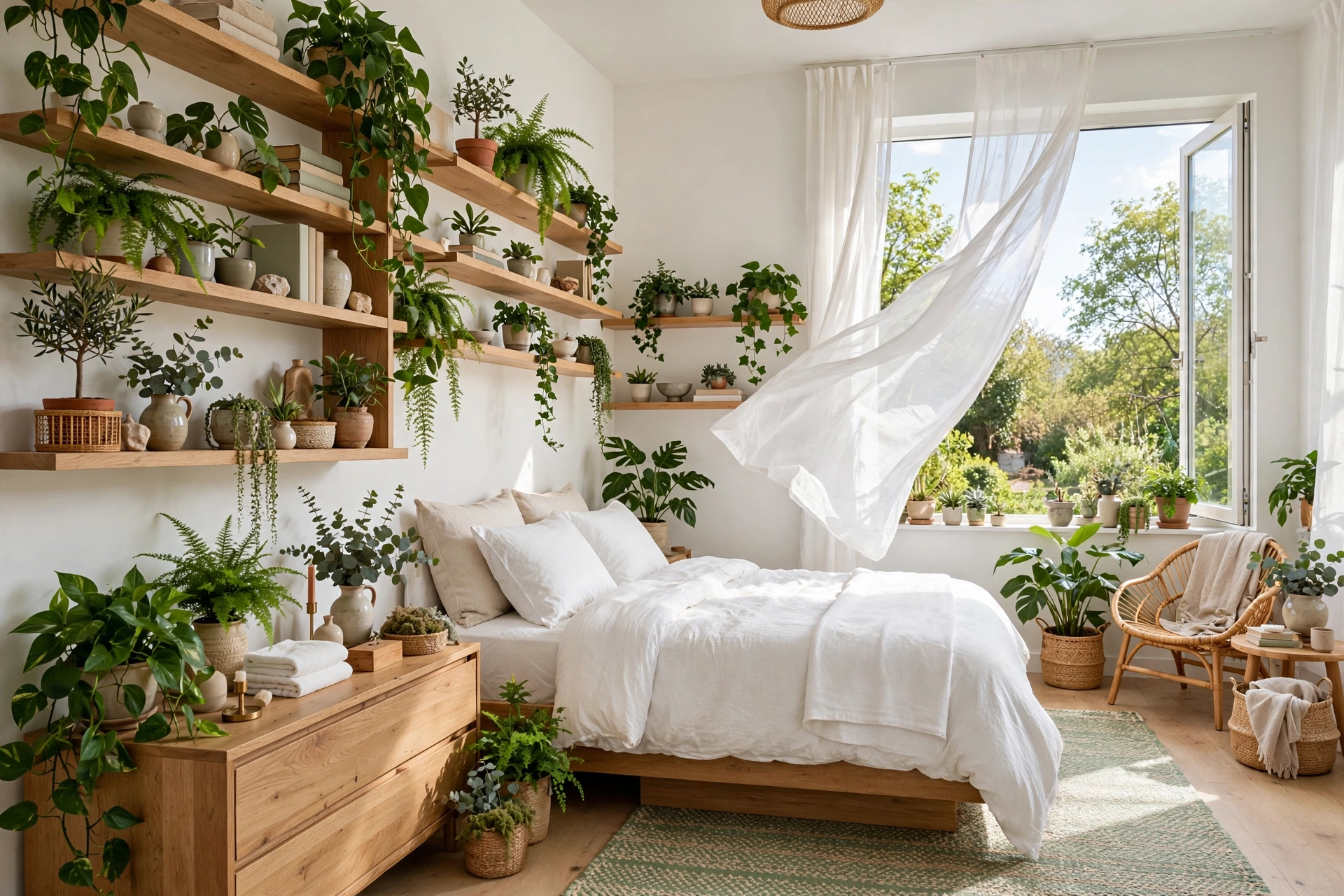 Fresh bright bedroom with leafy green plants on shelves and dresser, sheer curtains billowing at an open window