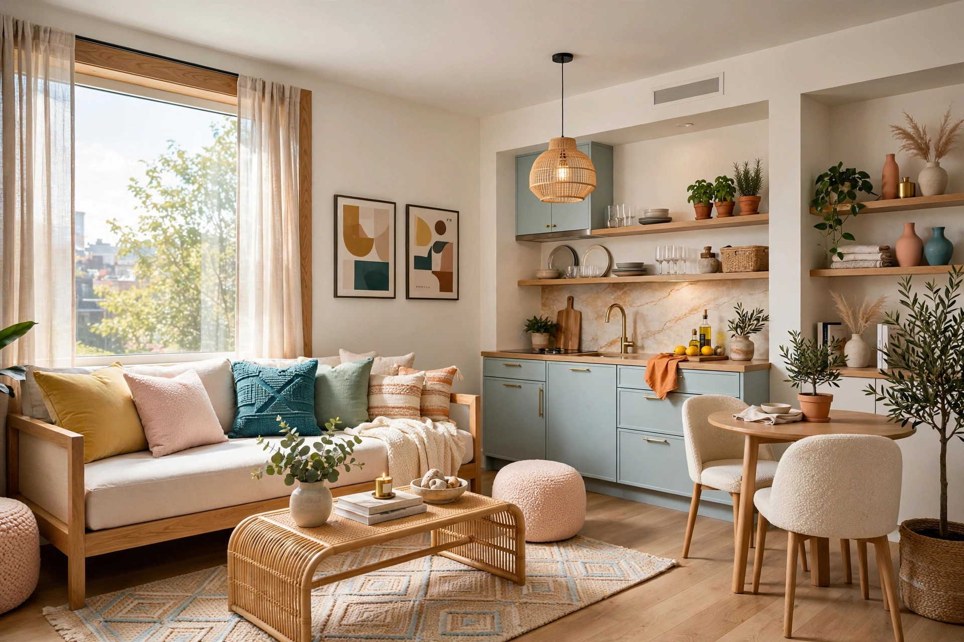 Daybed styled as a sofa with layered cushions and throw in a bright studio apartment living area