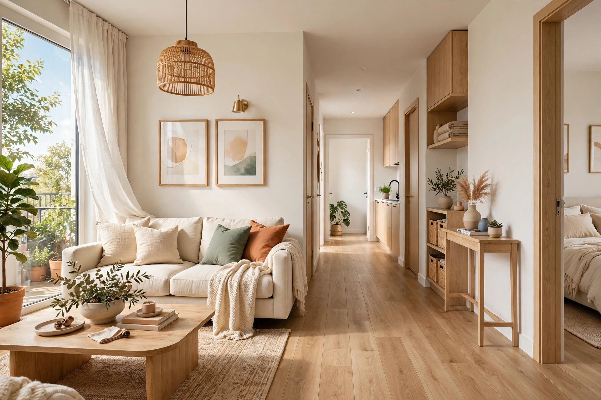 Small apartment interior with continuous light oak flooring running from the living room straight into the hallway