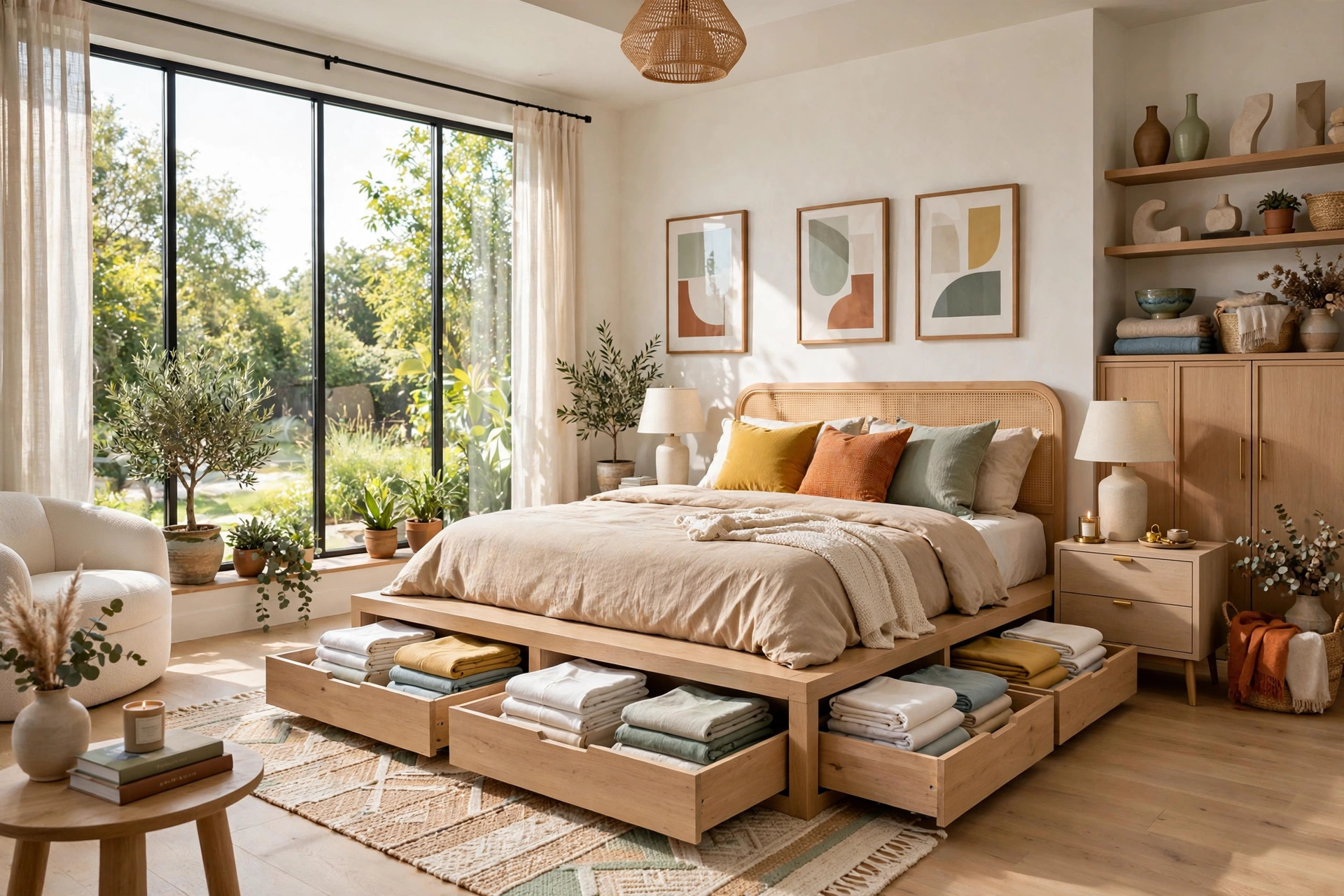 Bright bedroom with a platform storage bed with open drawers showing folded linens, whole room visible