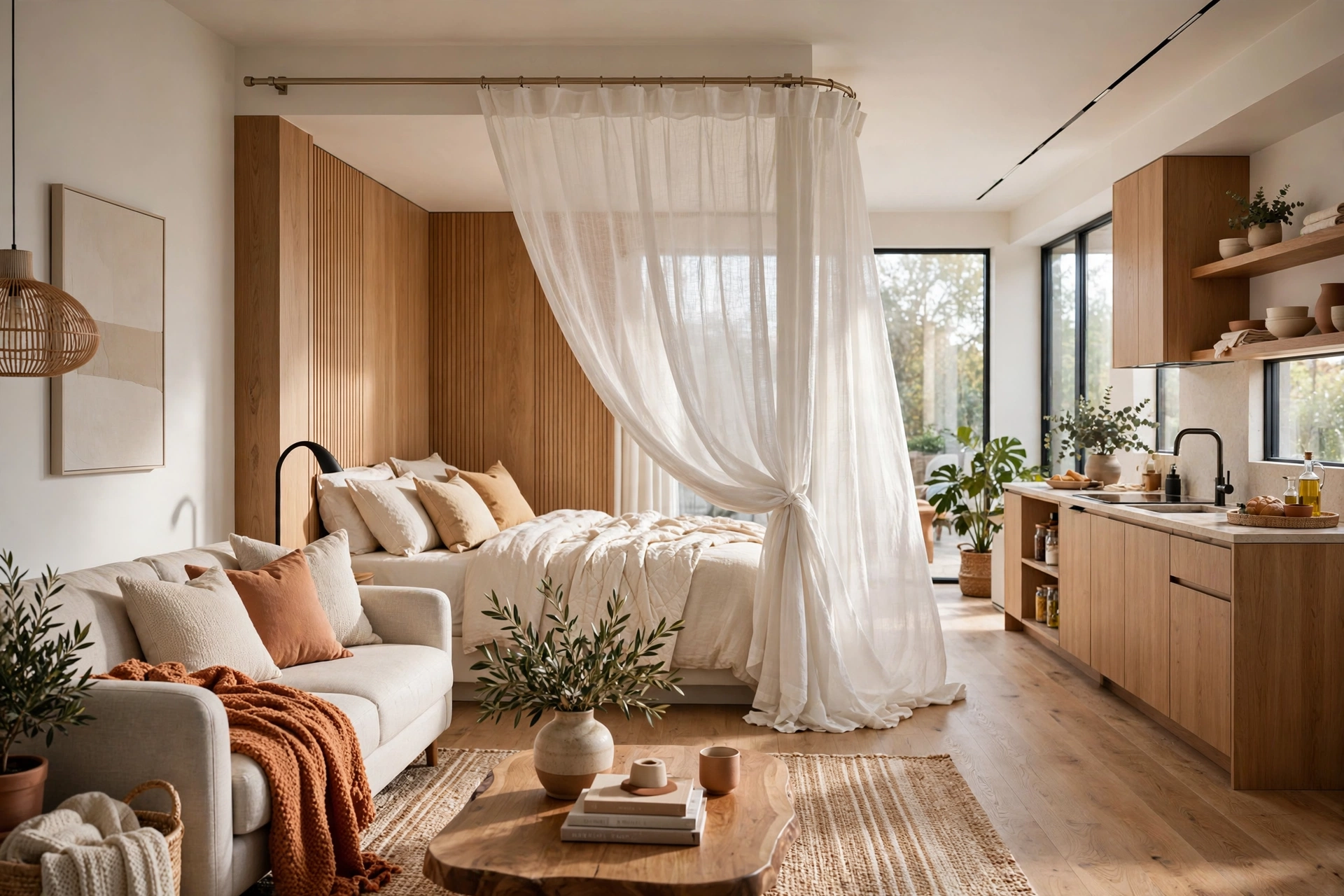 Ceiling-mounted sheer curtain partially drawn across a sleeping alcove in a bright modern studio apartment, soft daylight filtering through, entire space visible