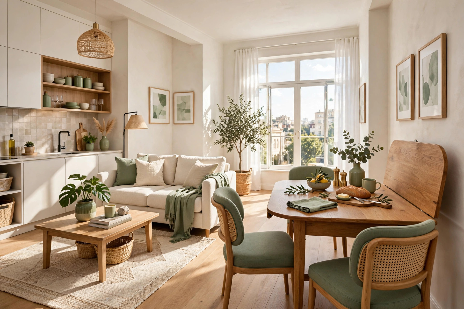 Bright studio apartment dining corner with a wooden drop-leaf table, one leaf raised, and two chairs, wide wall-to-wall view