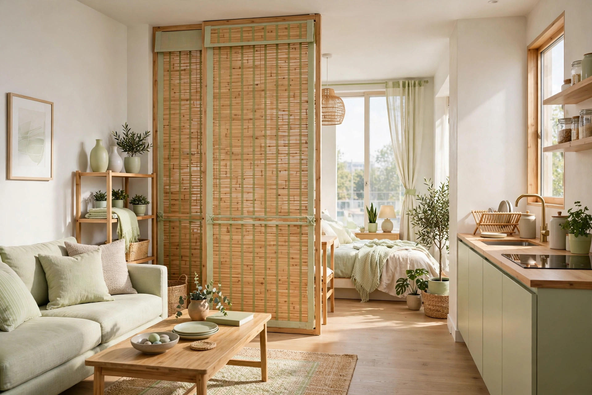 Cozy small apartment corner with a bamboo roll-up screen as a natural partition