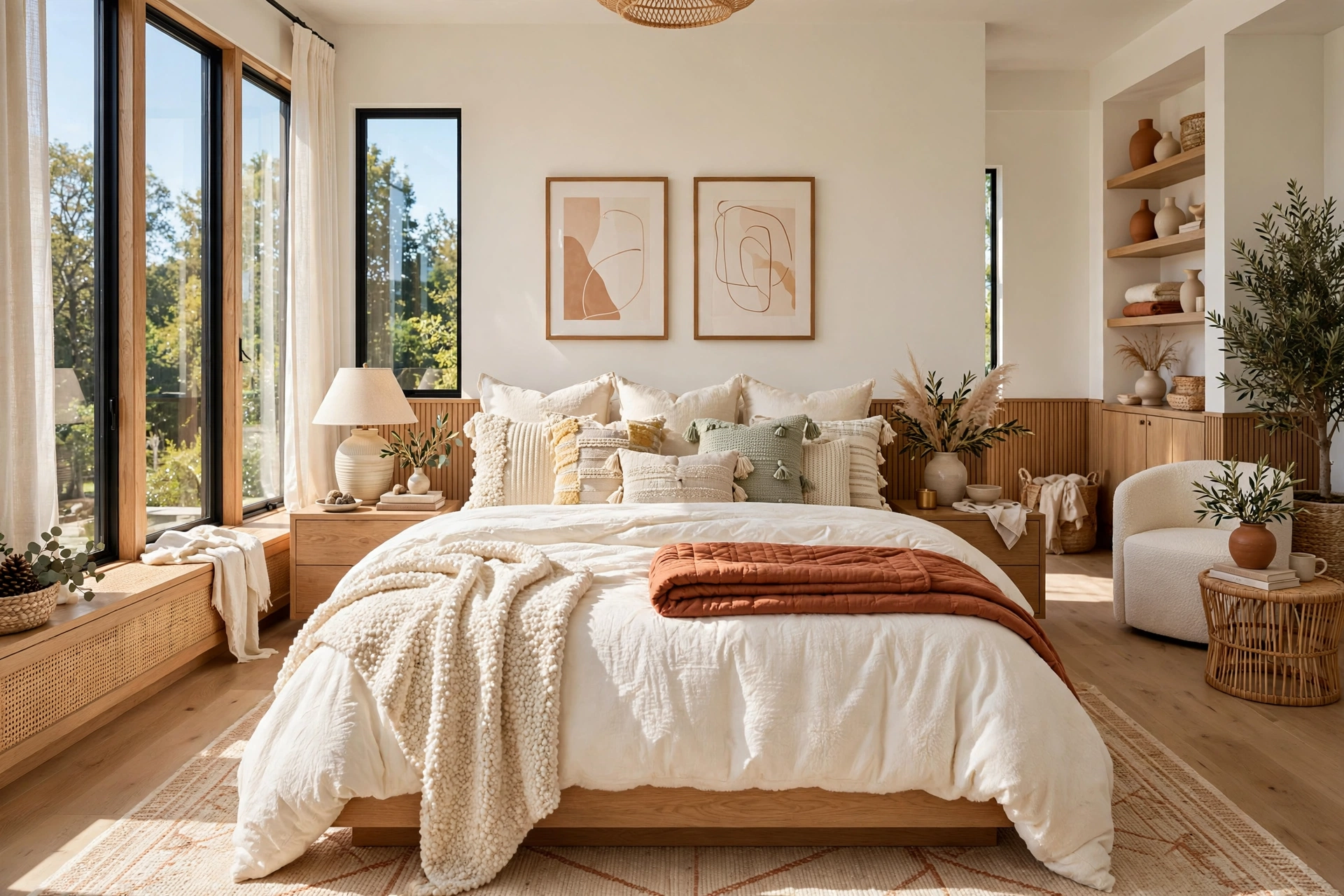 Inviting bed dressed in layered ivory duvet, folded terracotta quilt, nubby throw and mixed-texture pillows