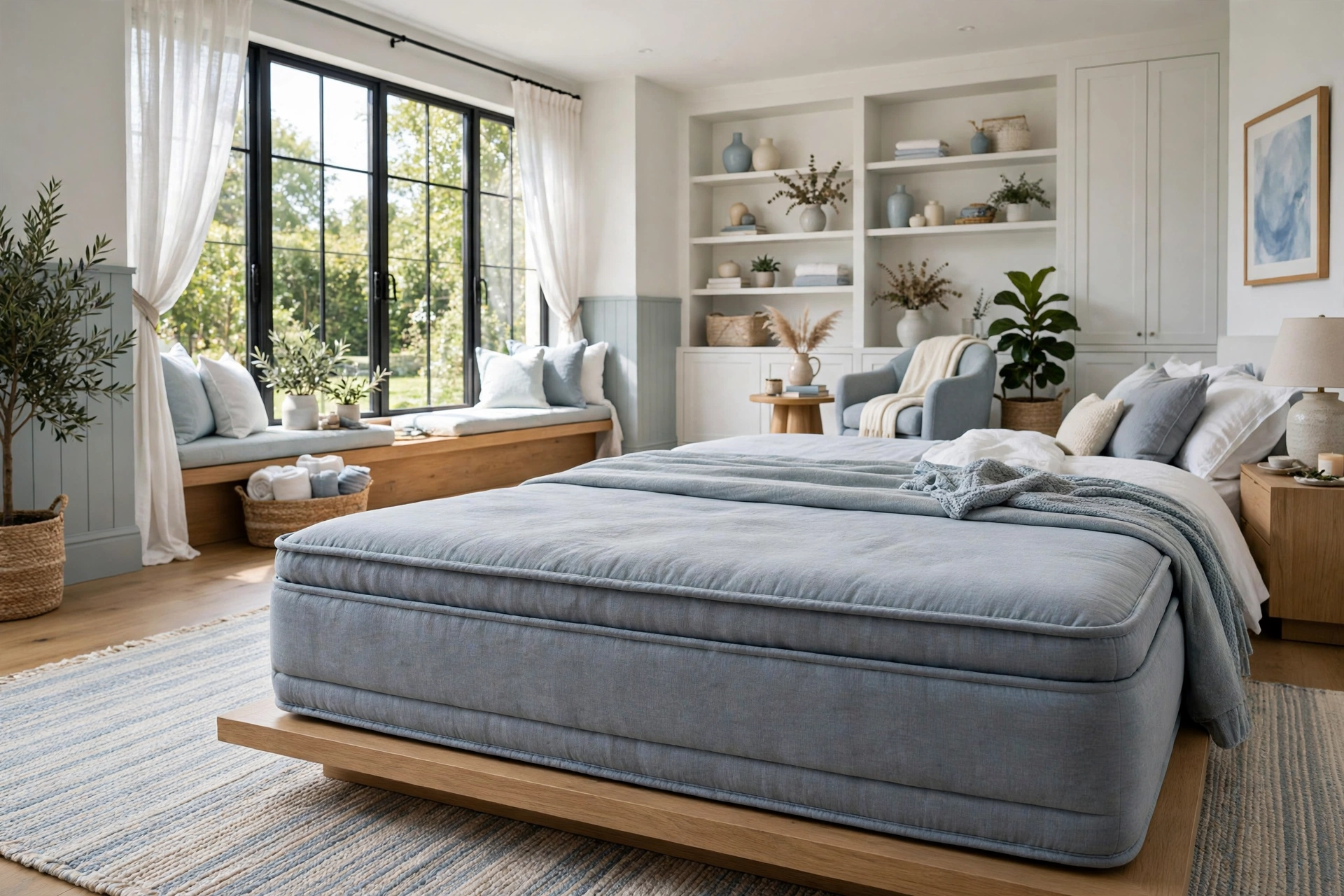 Bright bedroom with a thick hybrid mattress resting directly on a low platform bed base