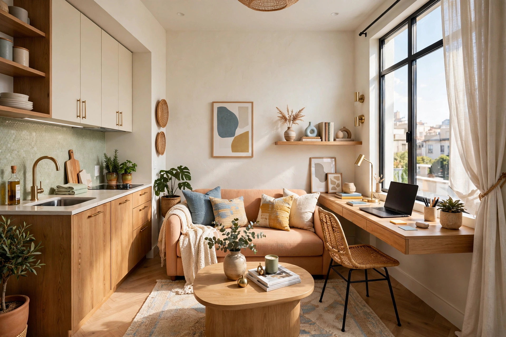 Wall-mounted floating desk work corner beside a sunny window in a small studio apartment