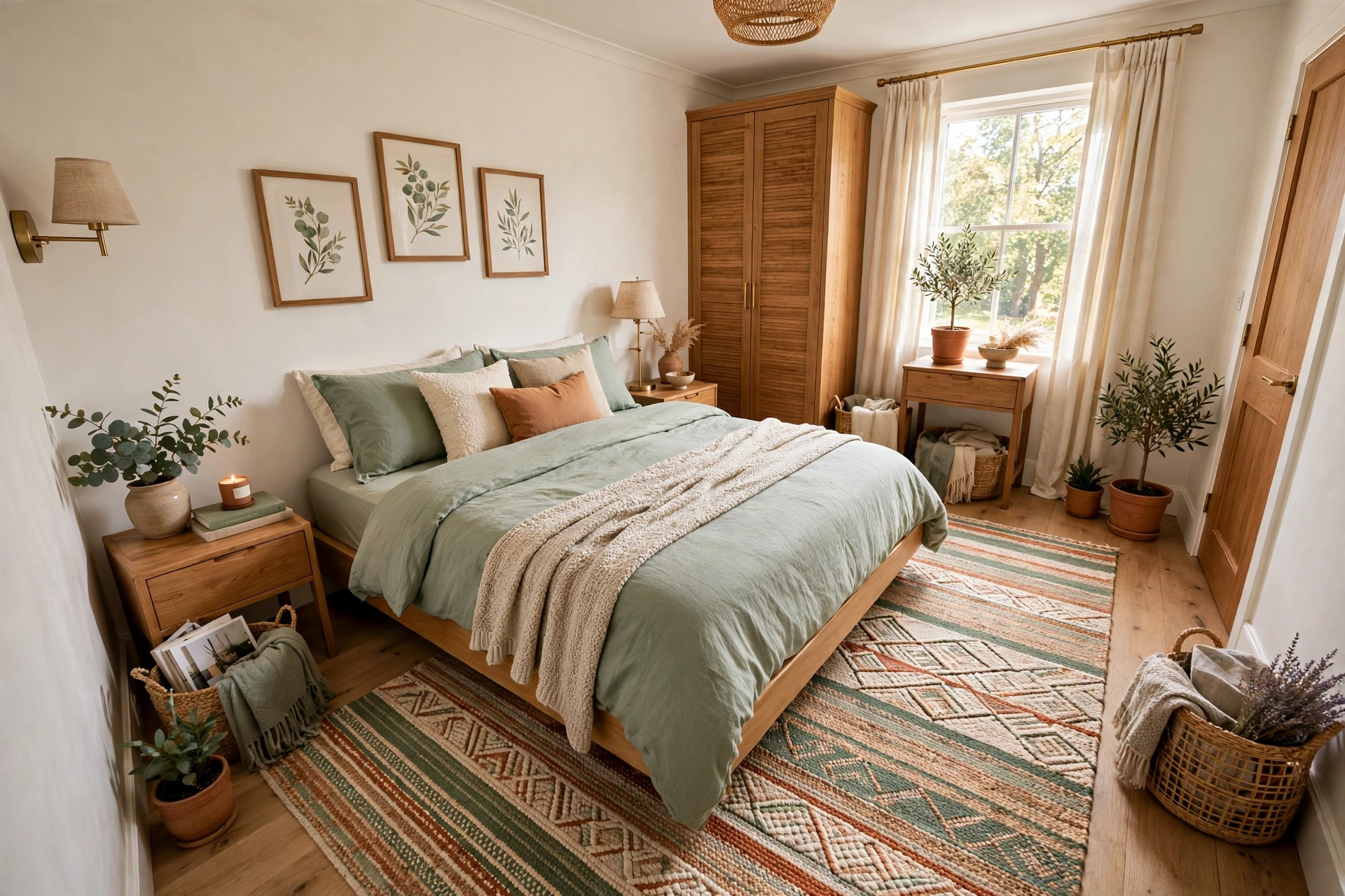 Small bedroom with rug and bed arranged on the diagonal, stretching the longest sightline corner to corner