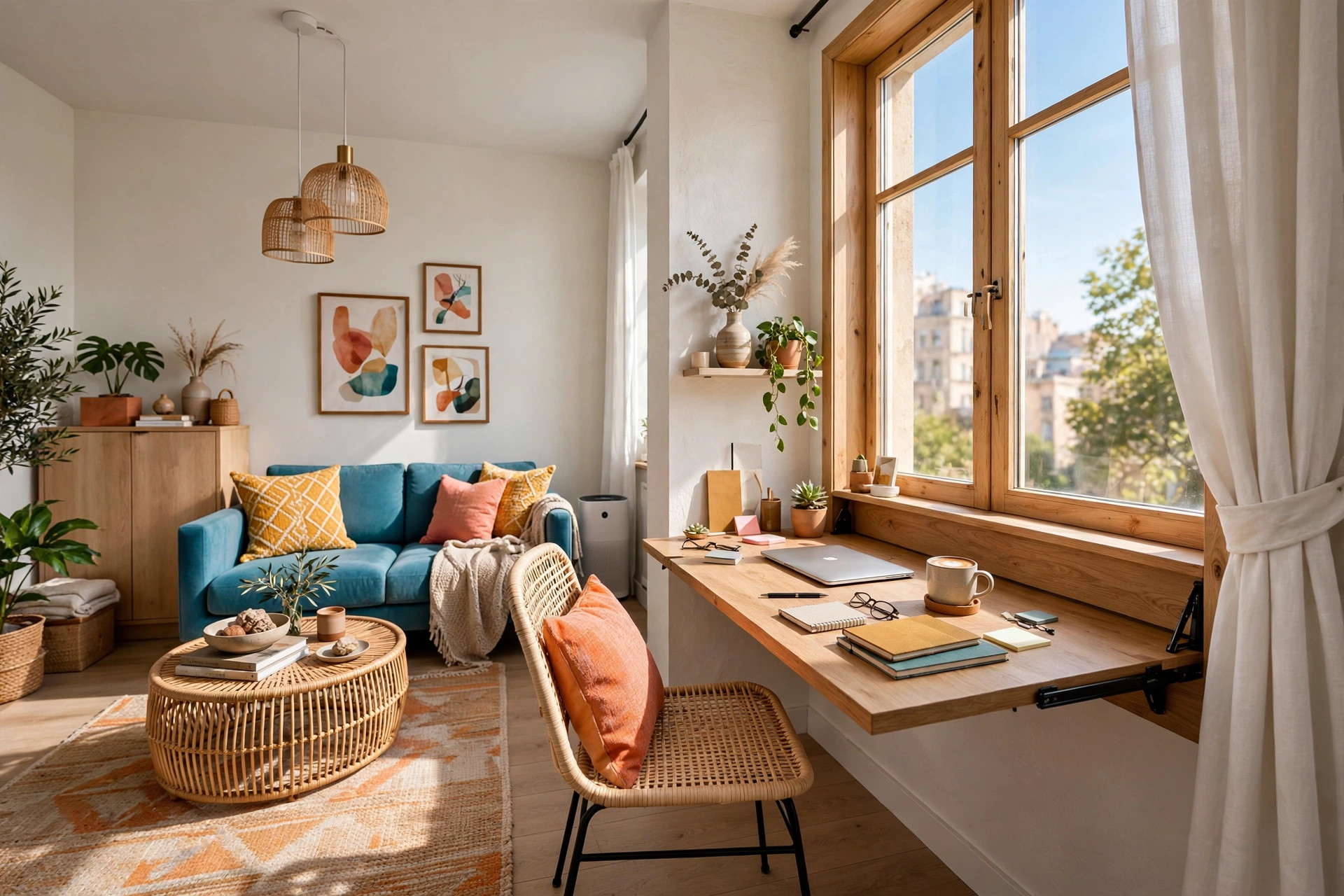 Sunny small apartment corner with a fold-down wall desk opened for work beside a window, whole room visible