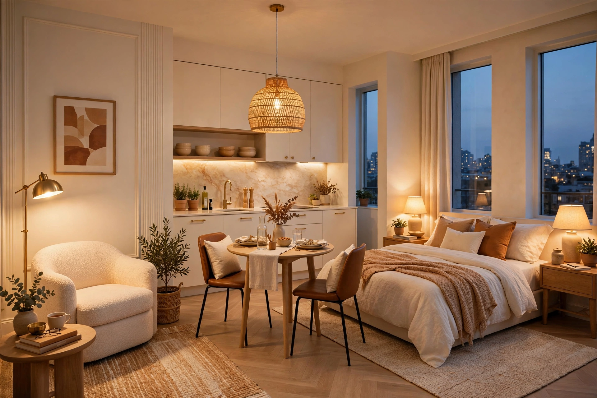 Studio apartment at dusk with distinct lighting per zone: warm floor lamp by reading chair, pendant over dining table, glowing bedside lamps, whole open plan visible