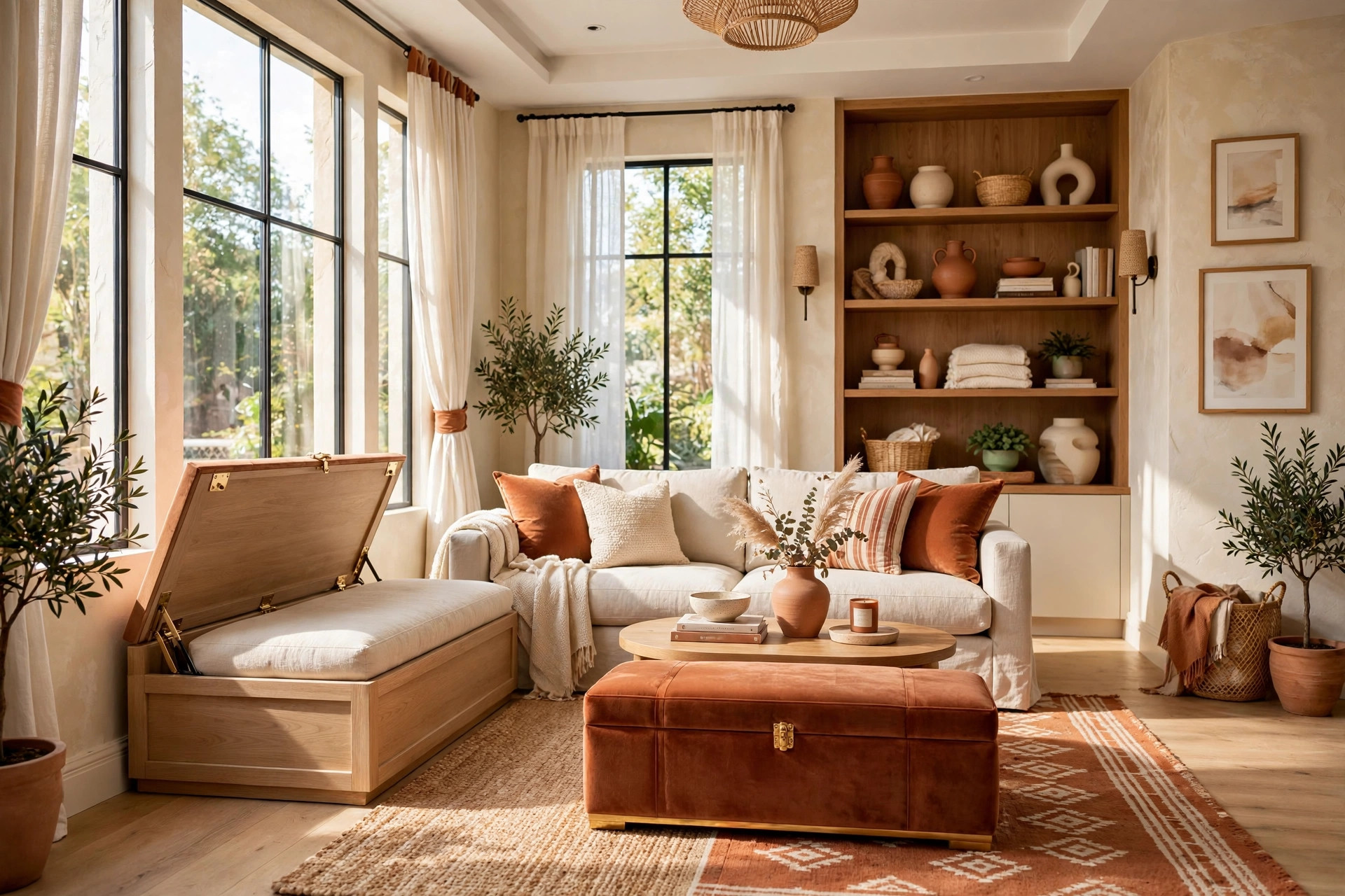 Bright living room with a storage ottoman and lift-top bench beside the sofa, wide wall-to-wall view