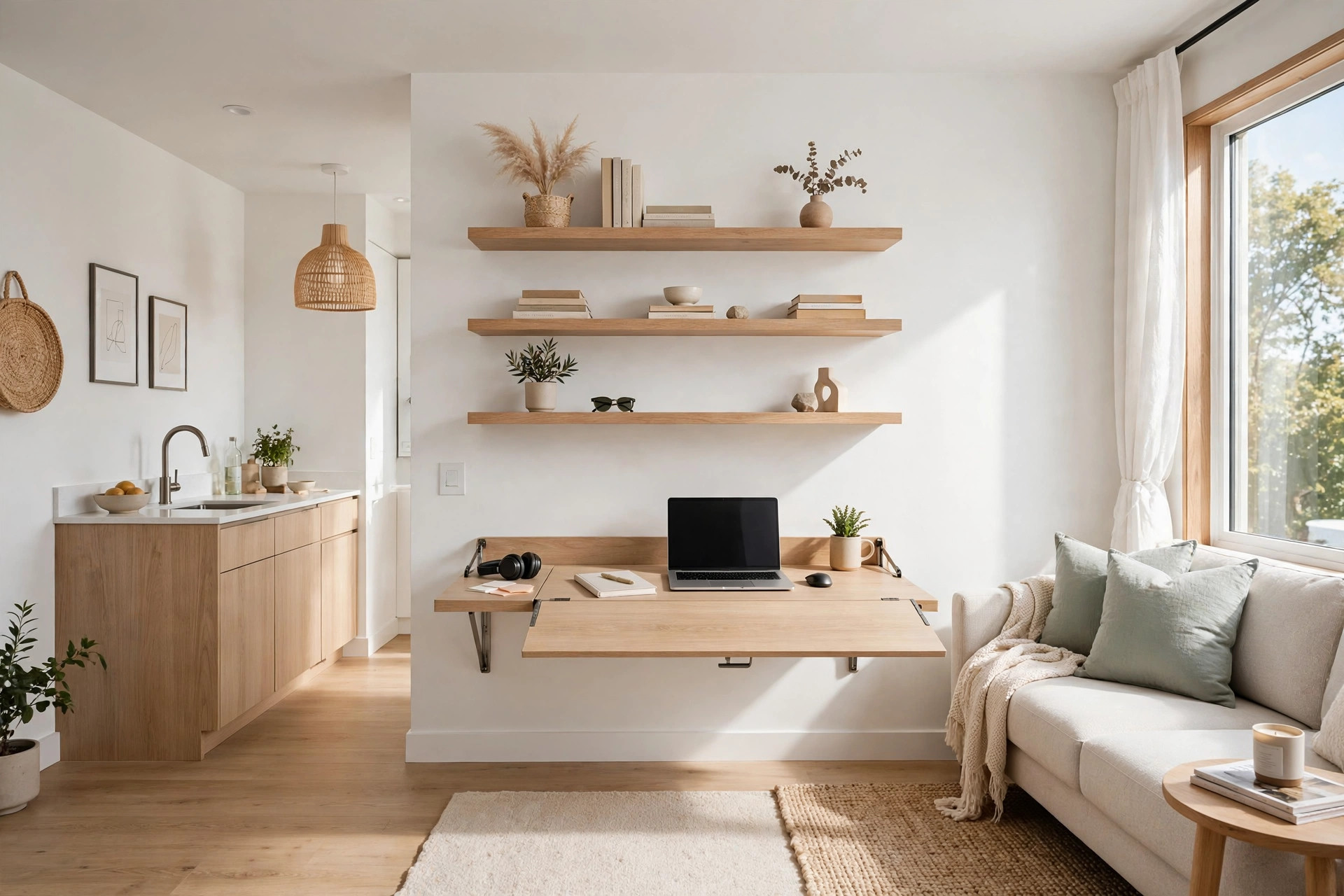 Bright studio apartment wall with a fold-down desk open showing a laptop workspace with shelves, wide wall-to-wall view