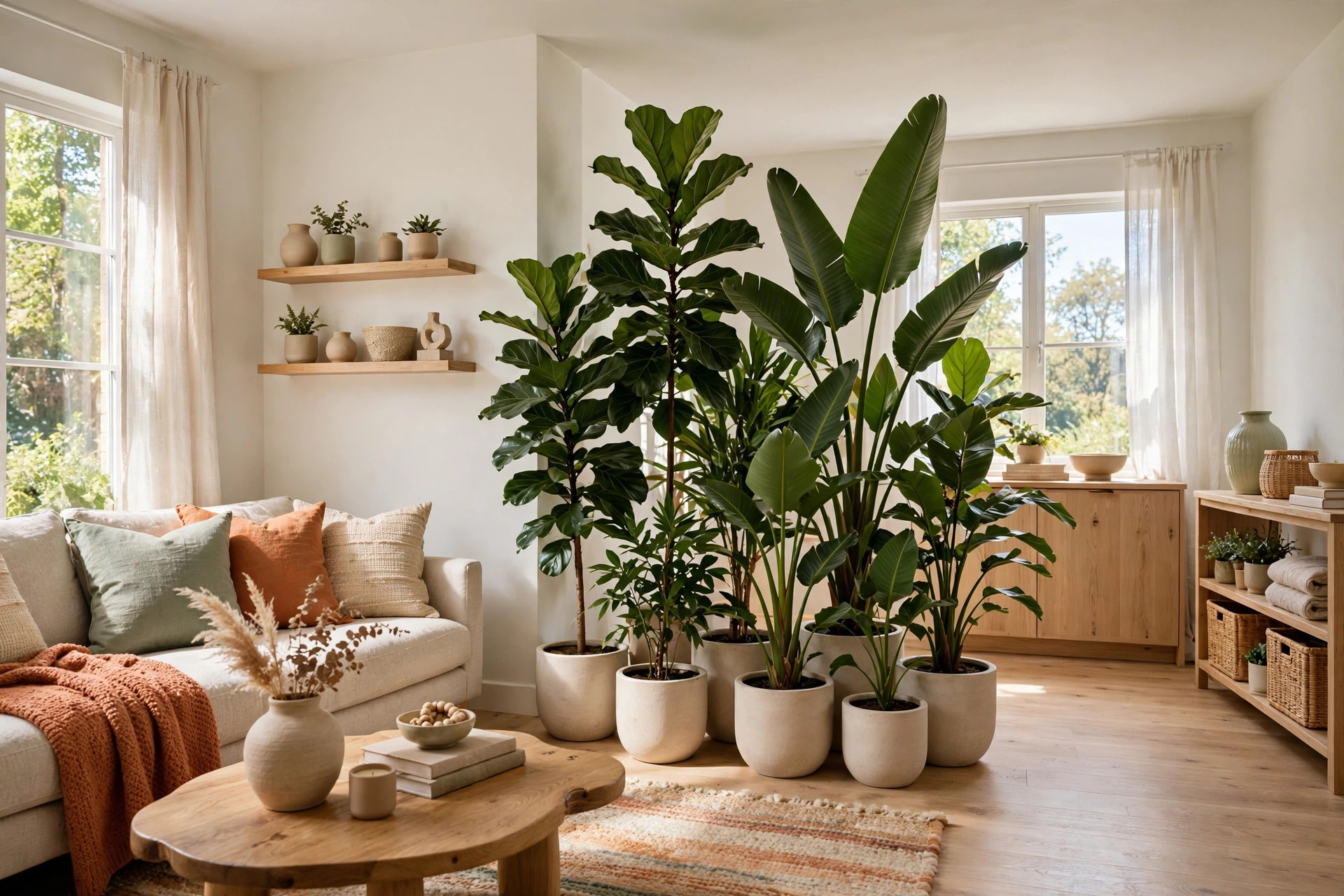 Sunlit studio apartment with a cluster of tall plants forming a living room divider