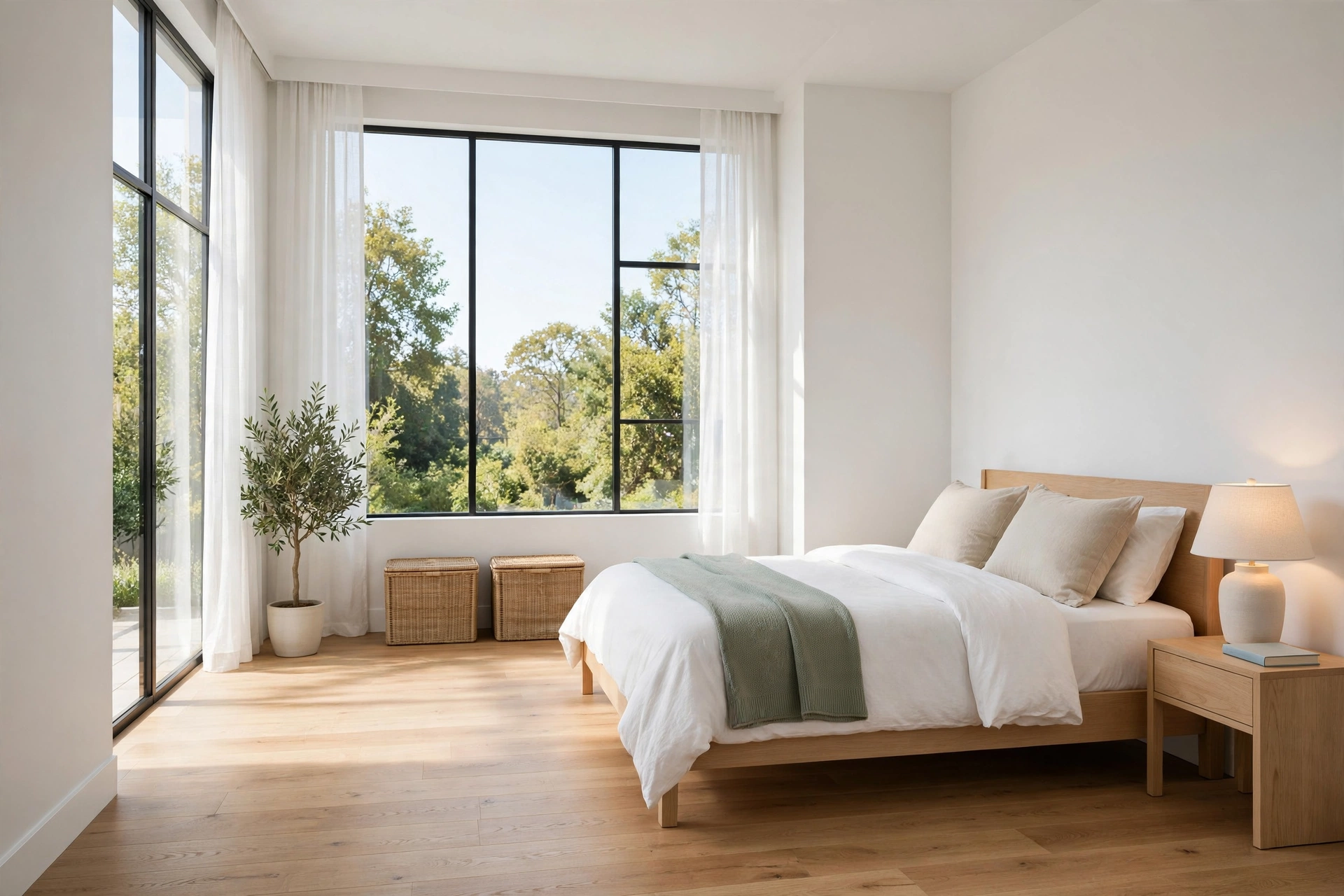 Tidy minimalist bedroom with clear nightstand, closed storage baskets and light oak furniture in morning light