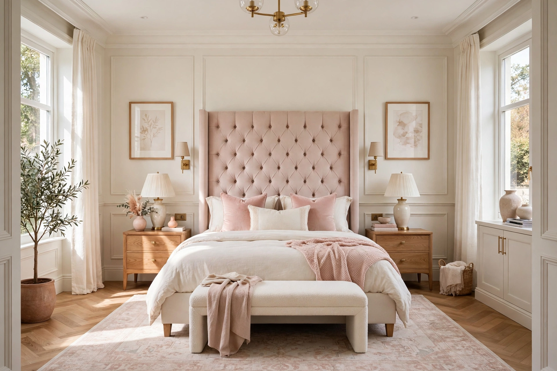 Bright elegant bedroom with an upholstered traditional bed frame and tall tufted headboard