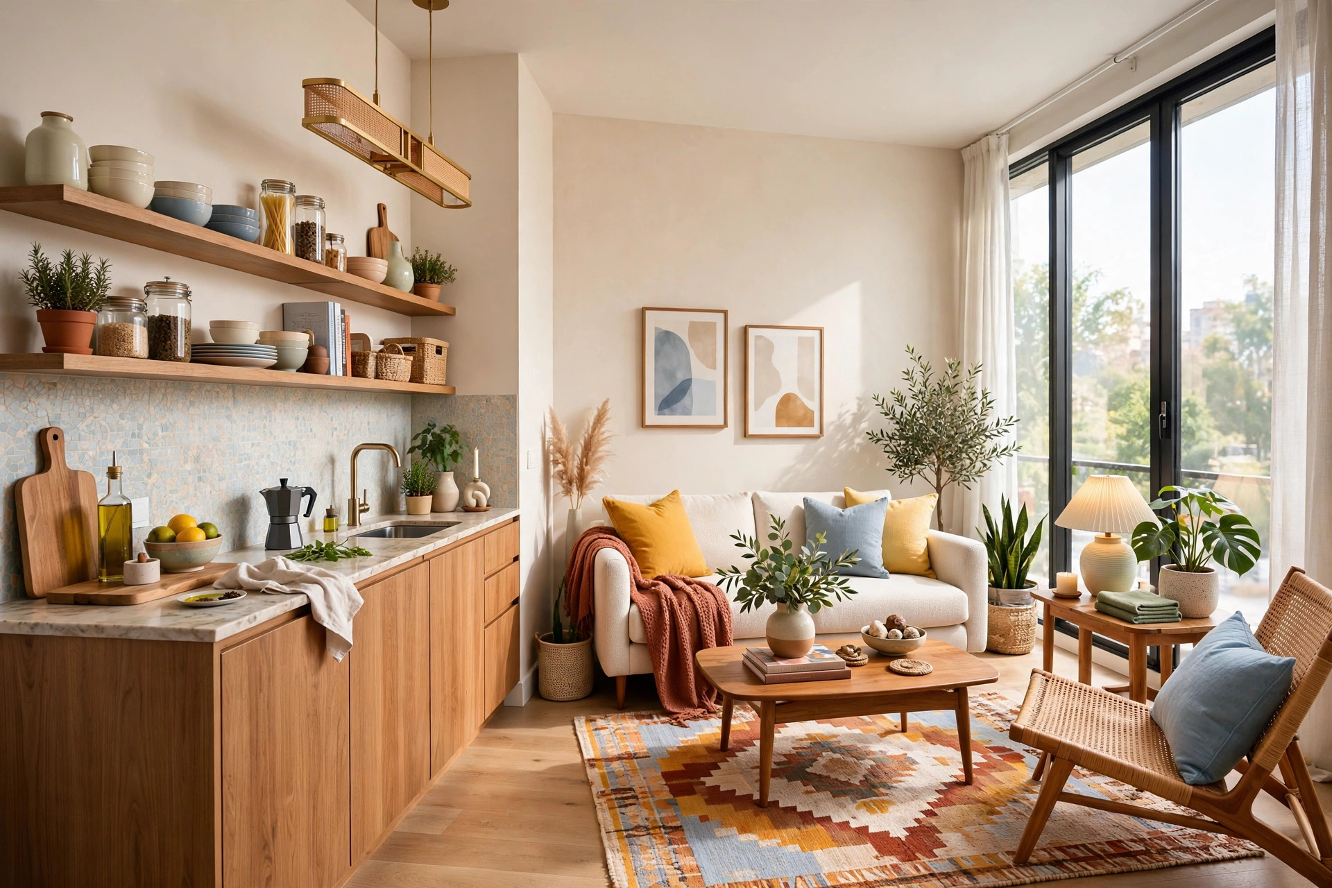 Compact studio kitchenette with open shelving, styled dishware, and under-cabinet lighting