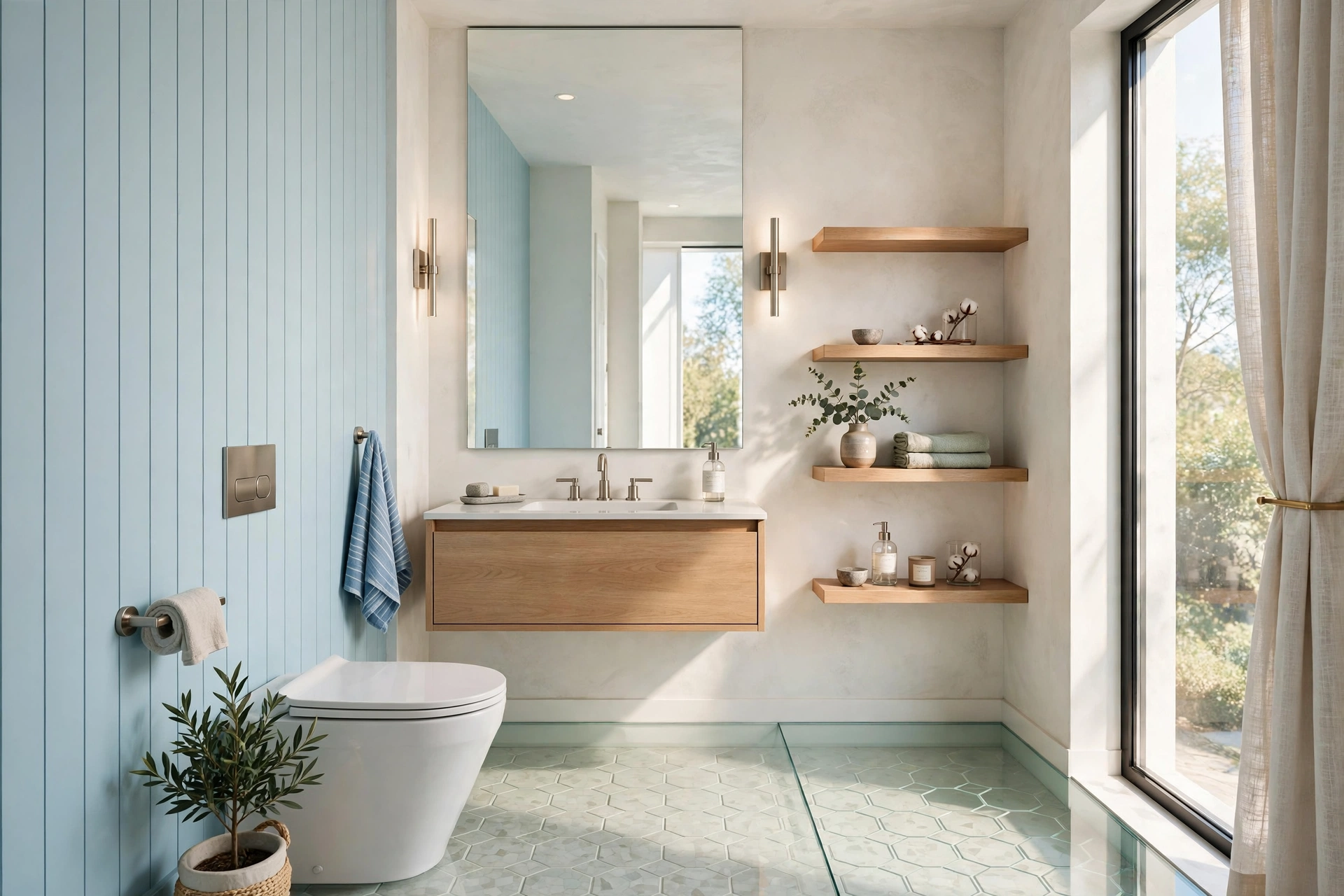 Small modern bathroom with a floating vanity and wall-mounted storage revealing clear floor beneath