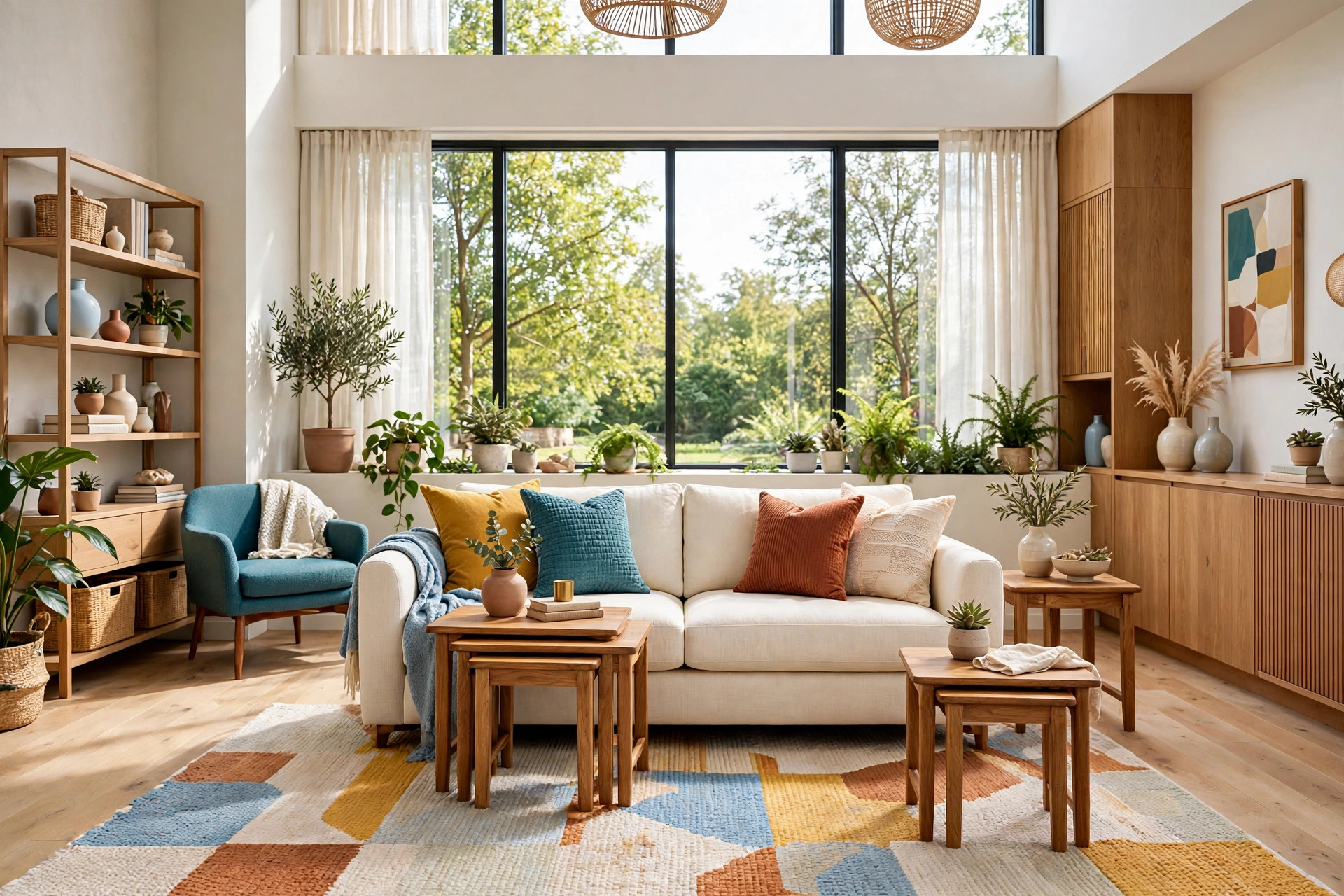 Bright living room with a set of three wooden nesting tables stacked and spread around a sofa, whole room visible