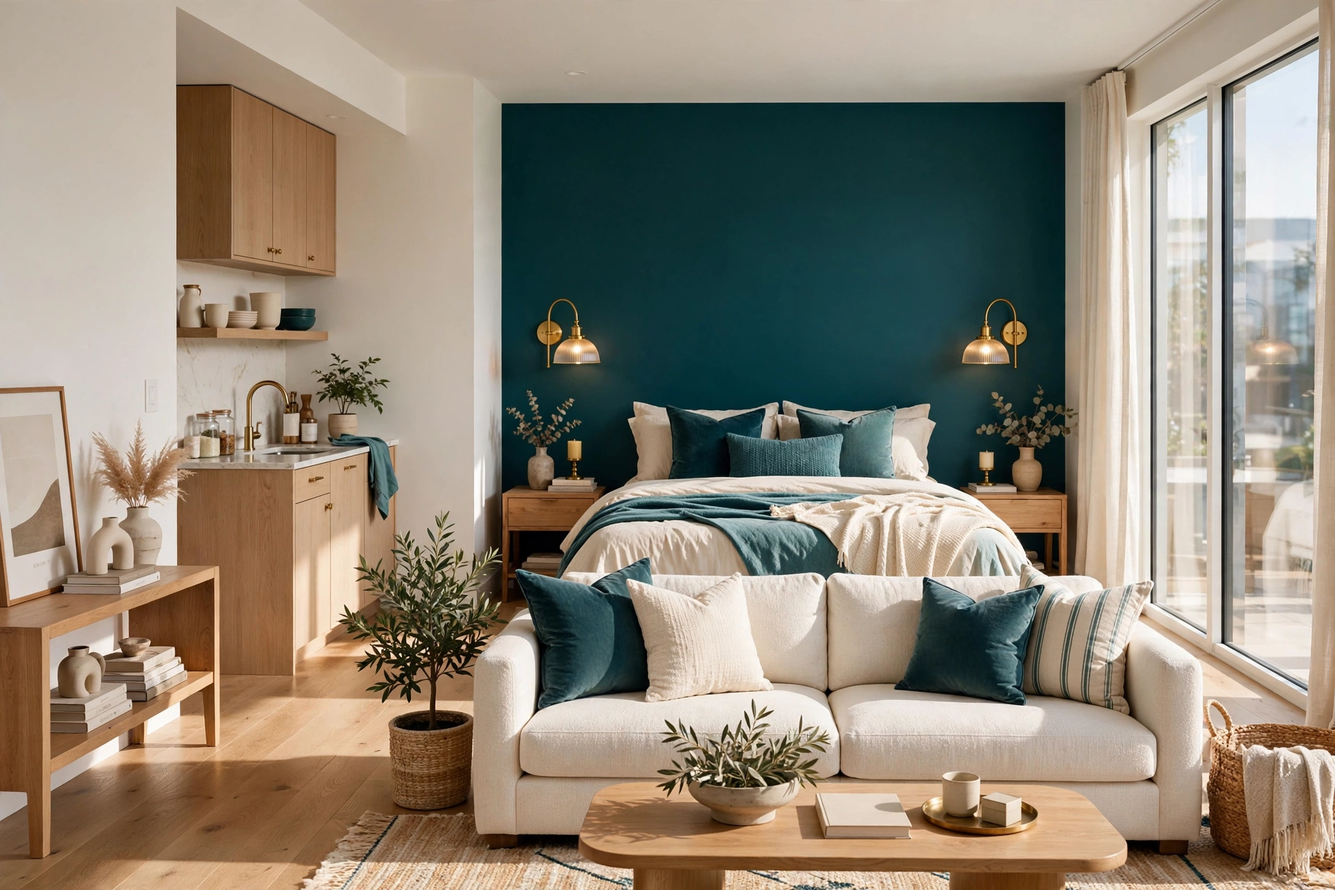 Bright studio apartment with one deep teal accent wall behind the bed defining the sleep zone, other walls light neutral, modern styling, entire room visible