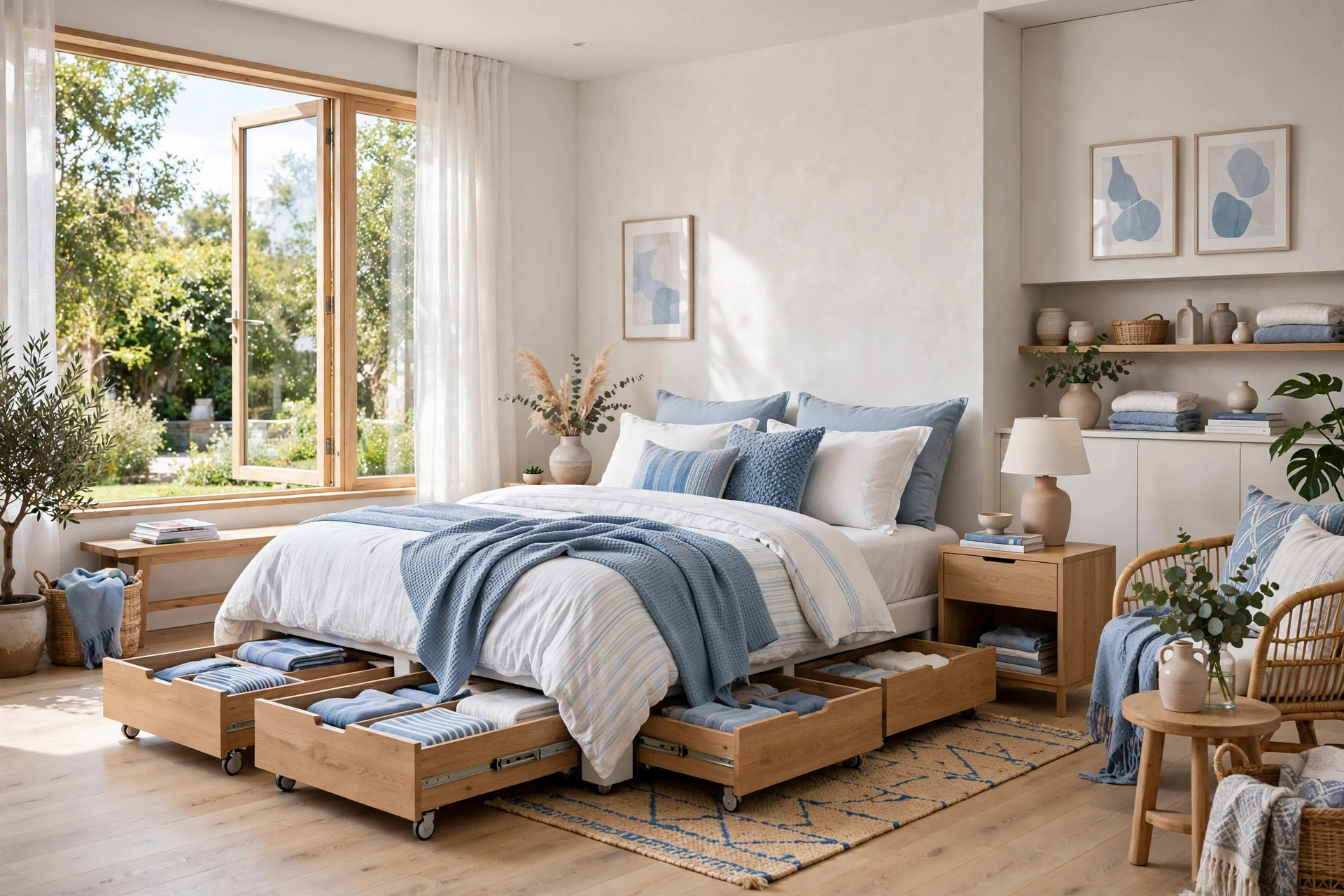 Bright bedroom with low rolling storage drawers pulled out from under the bed, wide wall-to-wall view