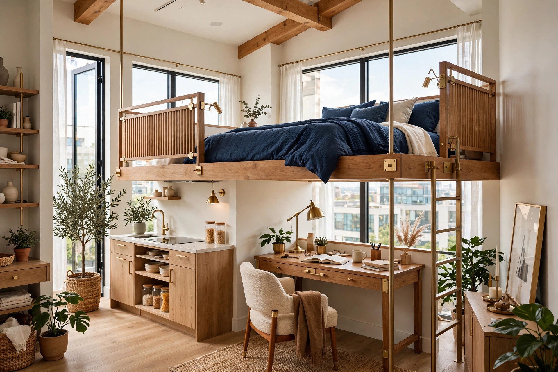 Bright studio apartment with a loft bed above and a desk with reading chair in the space below, wide wall-to-wall view