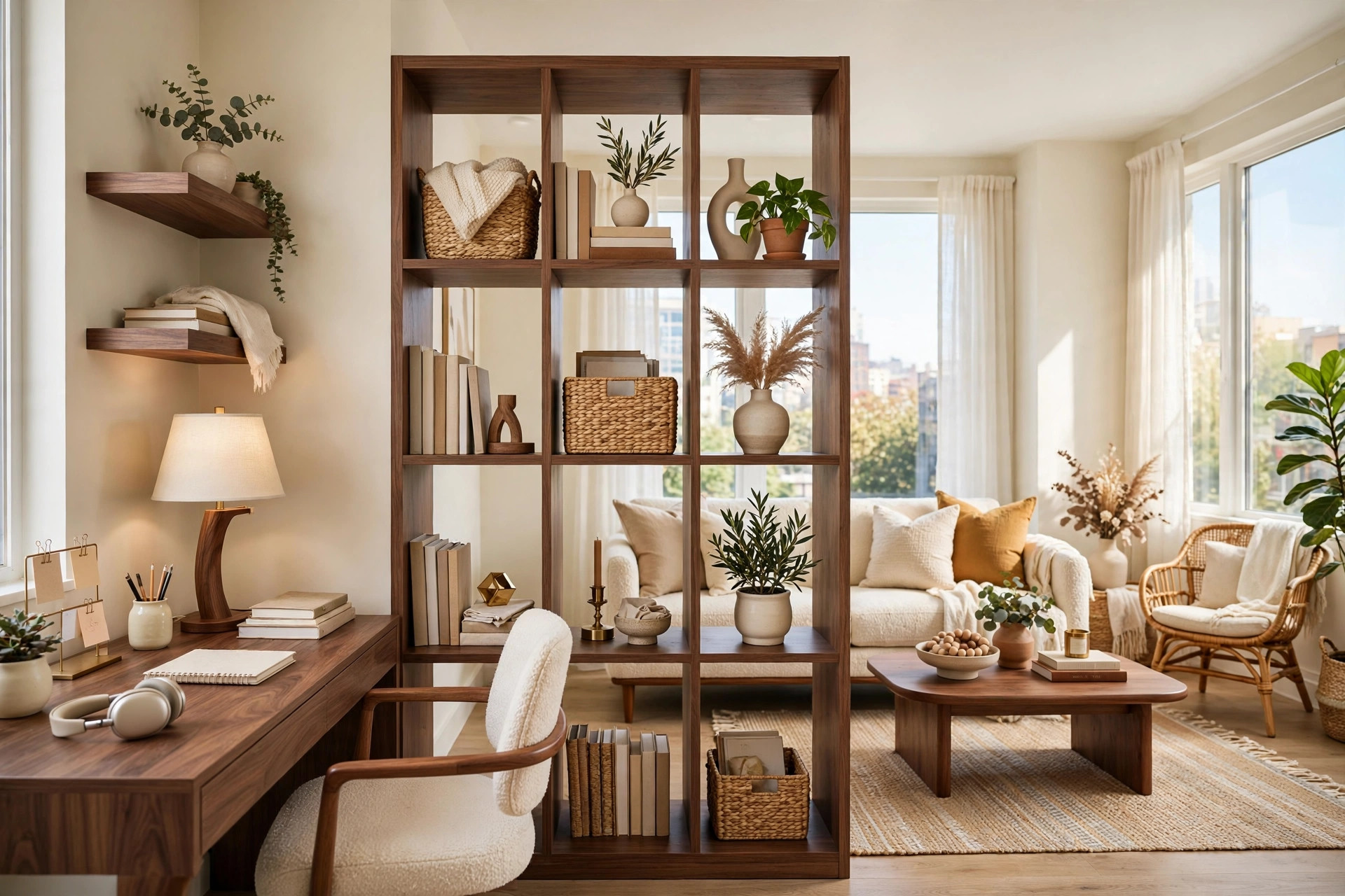 Modern small apartment with an open cube storage shelving unit dividing the room