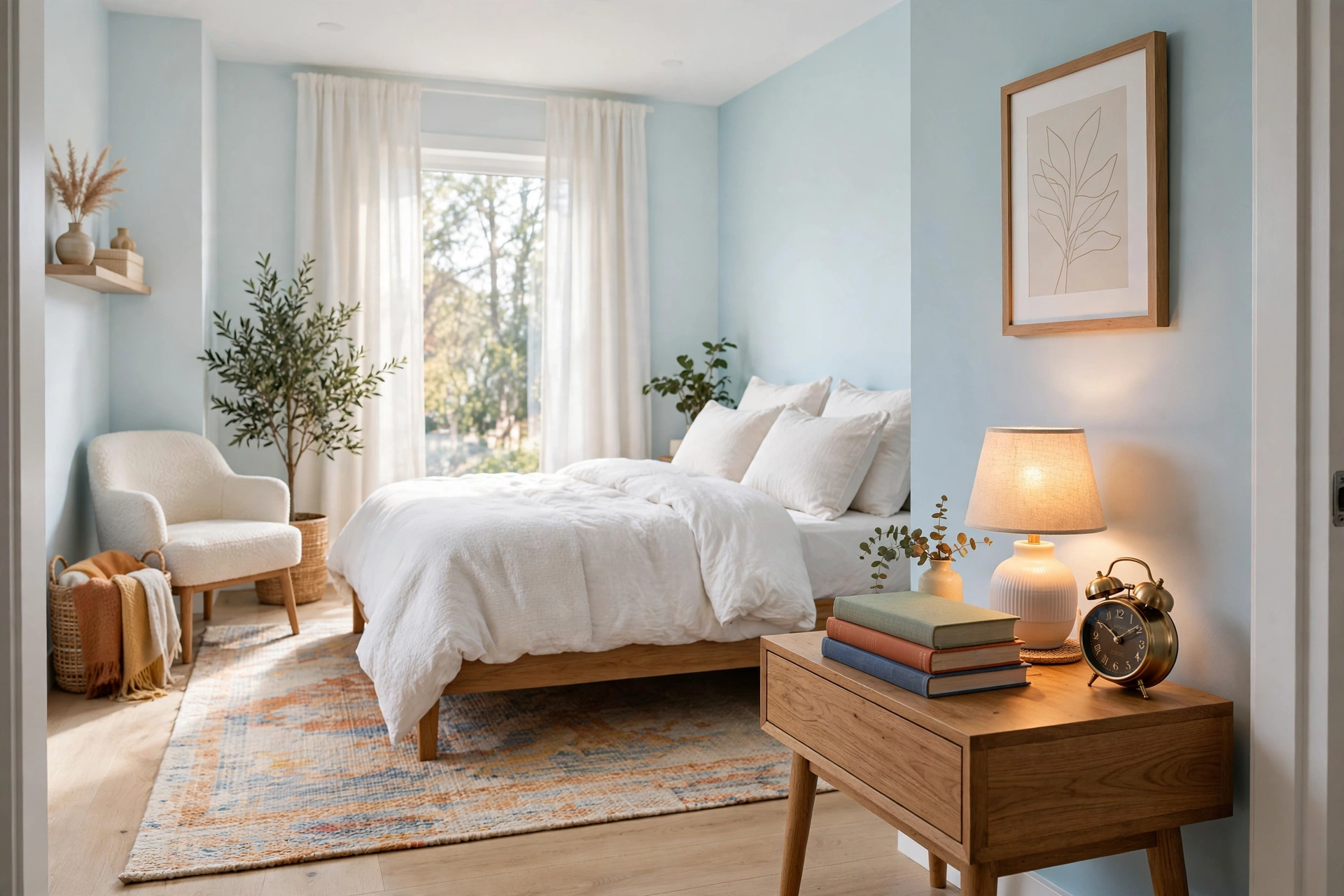 Calm bedside scene with a stack of books, classic twin-bell alarm clock and glowing lamp, no screens in sight