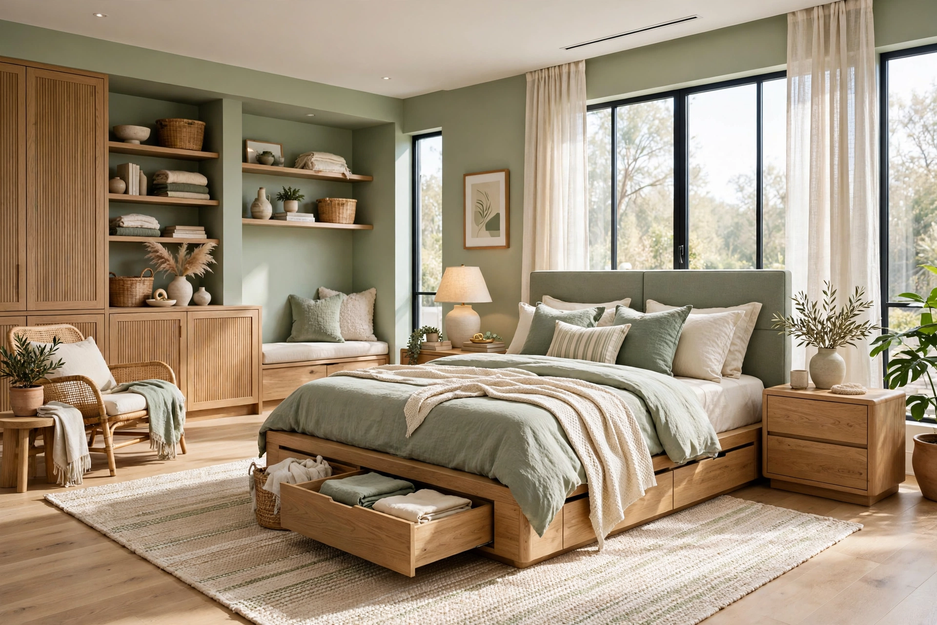 Bright bedroom with a platform bed featuring built-in storage drawers, one drawer open