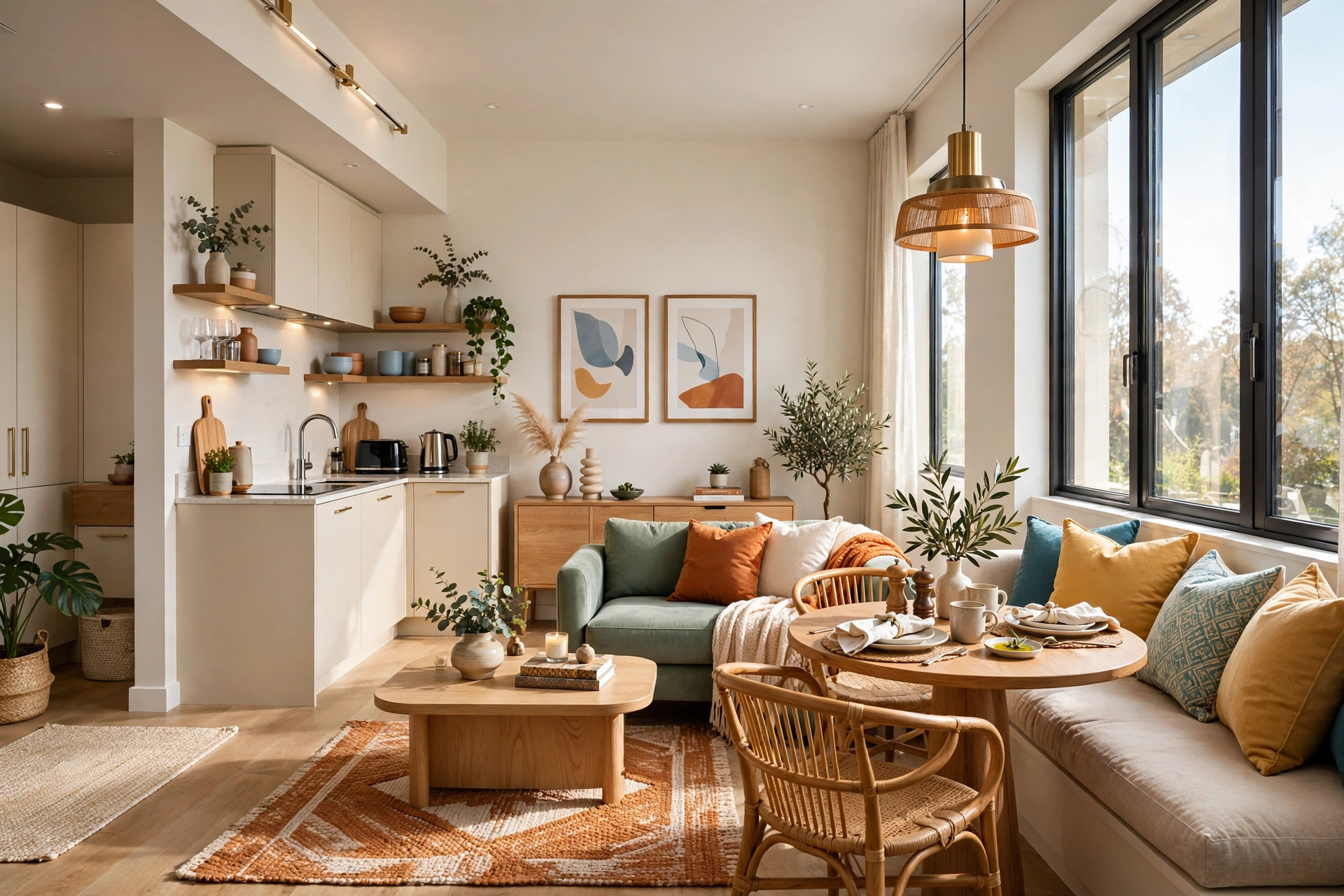 Small round bistro dining table for two beside a window in a bright studio apartment