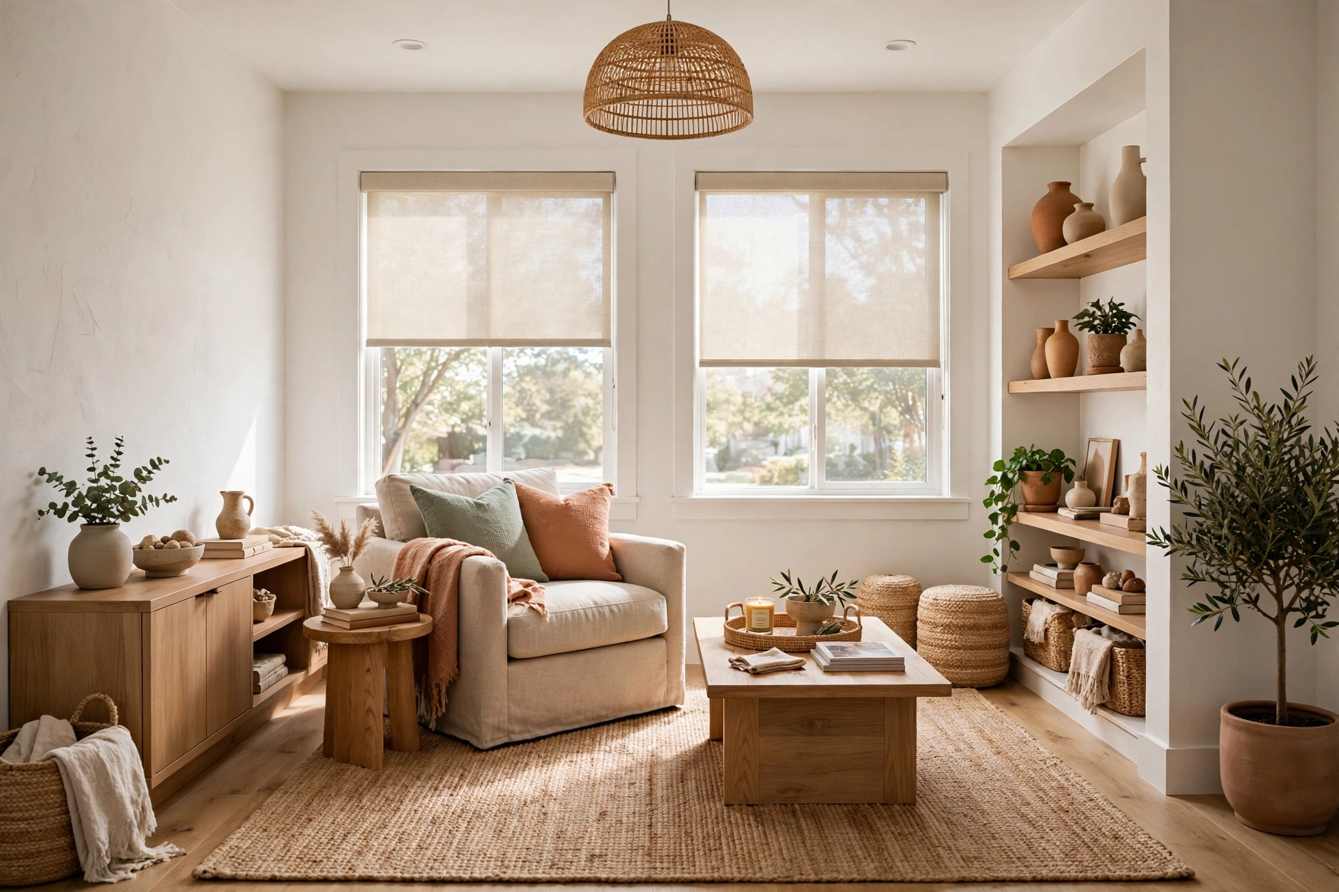 Bright small living room with inside-mount roller shades leaving the full window glass exposed to daylight