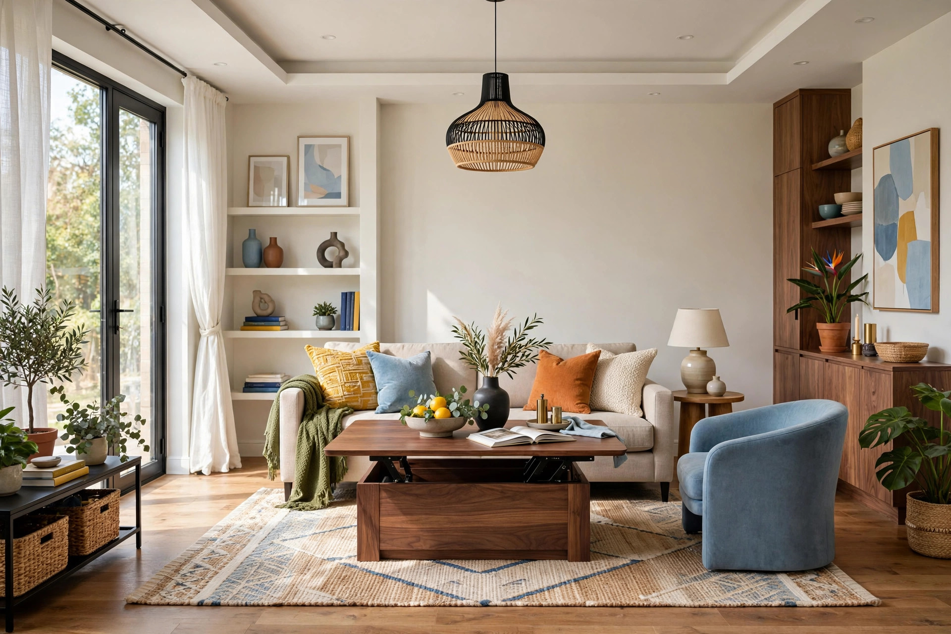 Modern living room with a lift-top coffee table raised to dining height in front of a sofa, whole room visible
