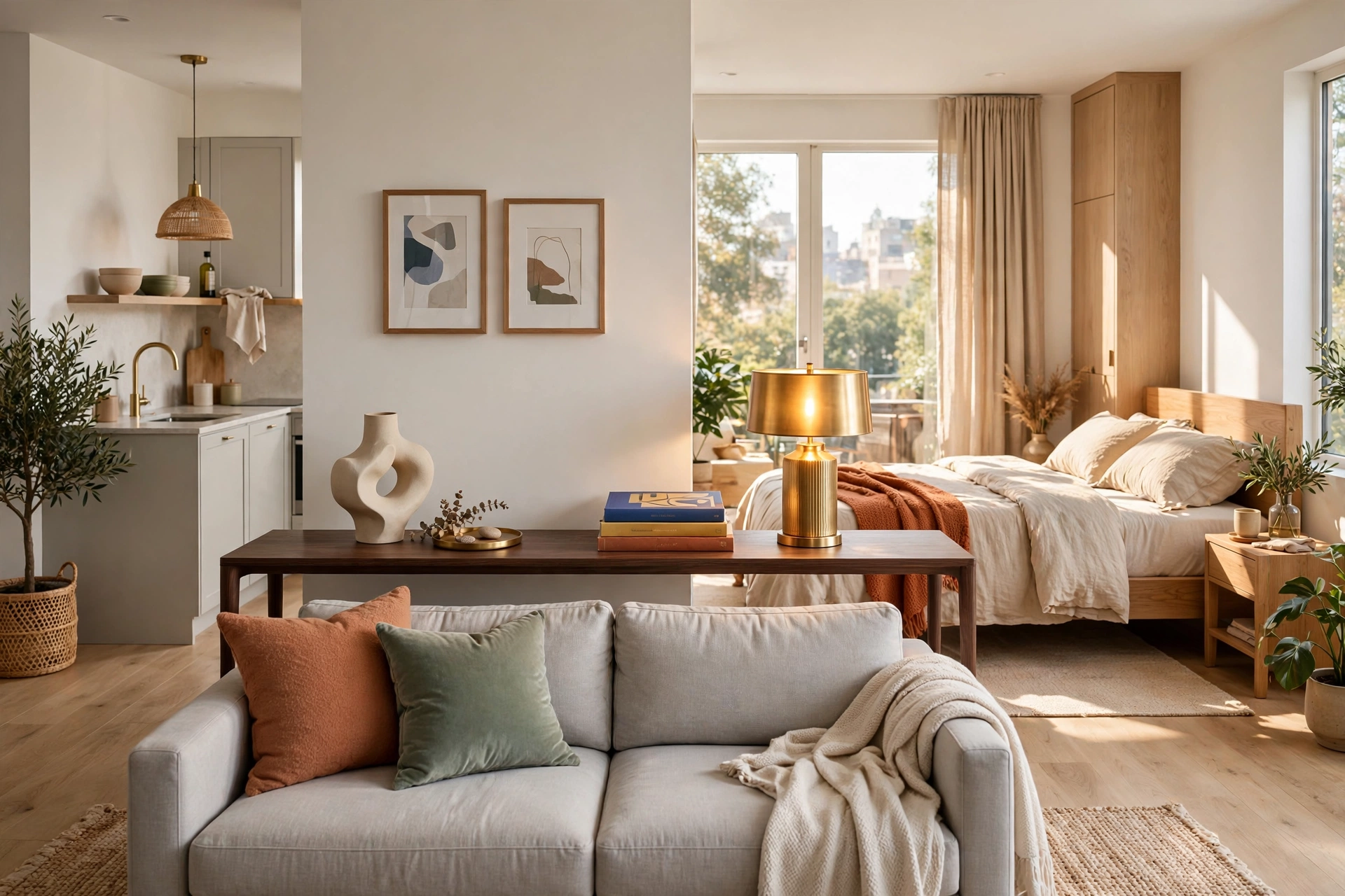 Slim console table with a glowing table lamp and styled books placed behind a floated sofa in a bright studio apartment, marking the zone boundary, full room view
